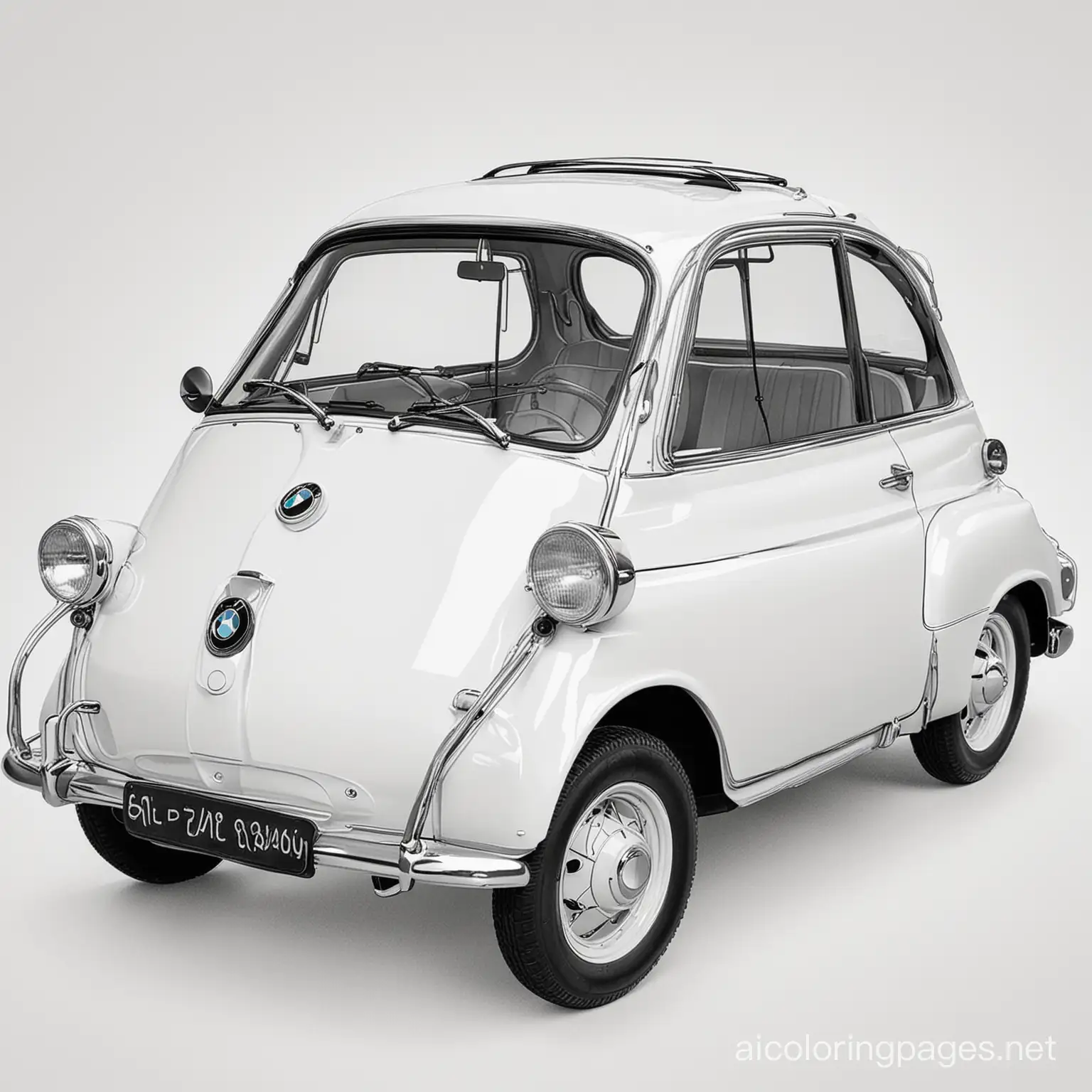 Create a sophisticated black line coloring page with a blank background of a 1956 BMW Isetta, Coloring Page, black and white, line art, white background, Simplicity, Ample White Space. The background of the coloring page is plain white to make it easy for young children to color within the lines. The outlines of all the subjects are easy to distinguish, making it simple for kids to color without too much difficulty