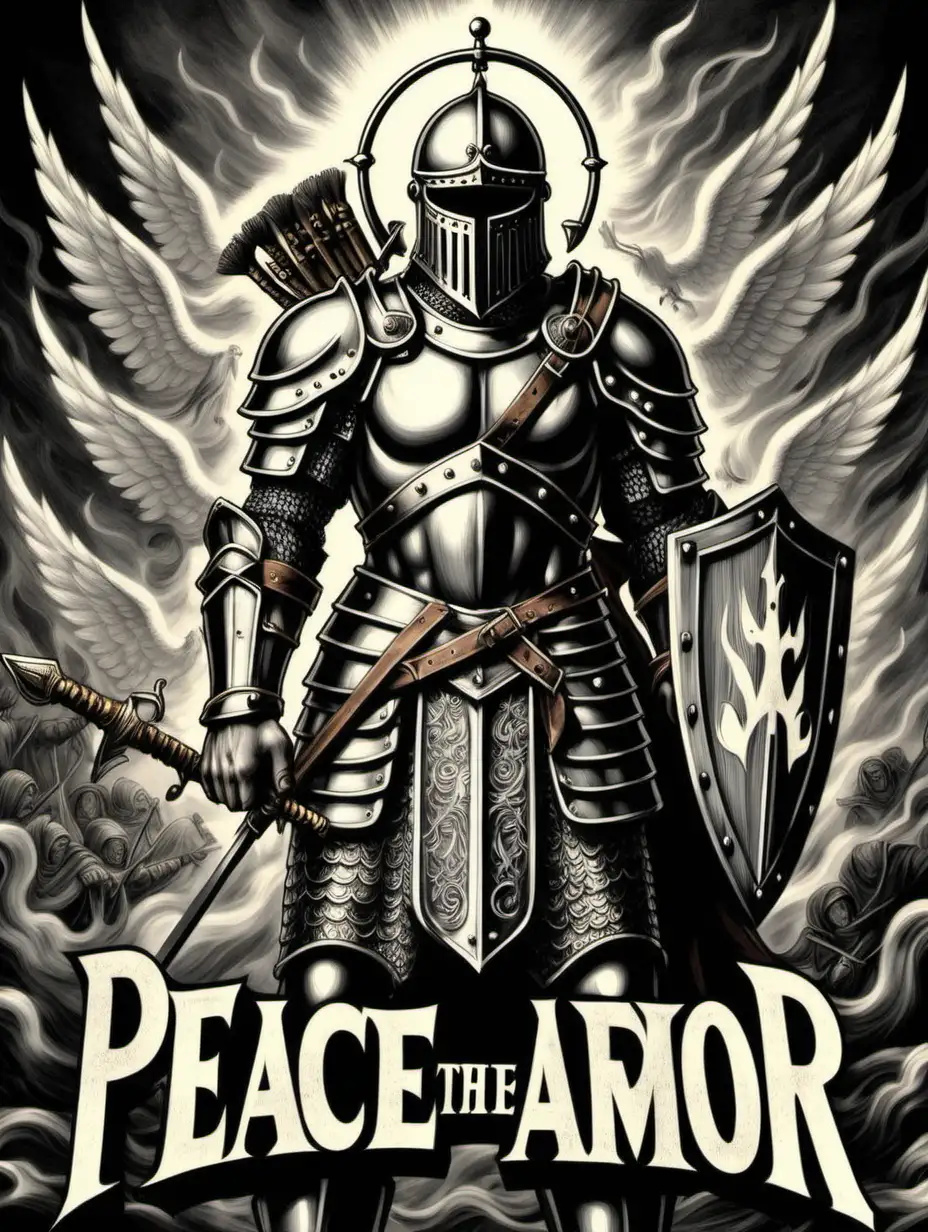 Therefore put on the full armor of God, so that when the day of evil comes, you may be able to stand your ground, and after you have done everything, to stand. Stand firm then, with the belt of truth buckled around your waist, with the breastplate of righteousness in place, and with your feet fitted with the readiness that comes from the gospel of peace. In addition to all this, take up the shield of faith, with which you can extinguish all the flaming arrows of the evil one. Take the helmet of salvation and the sword of the Spirit, which is the word of God. In the style of a black and white wood cut print