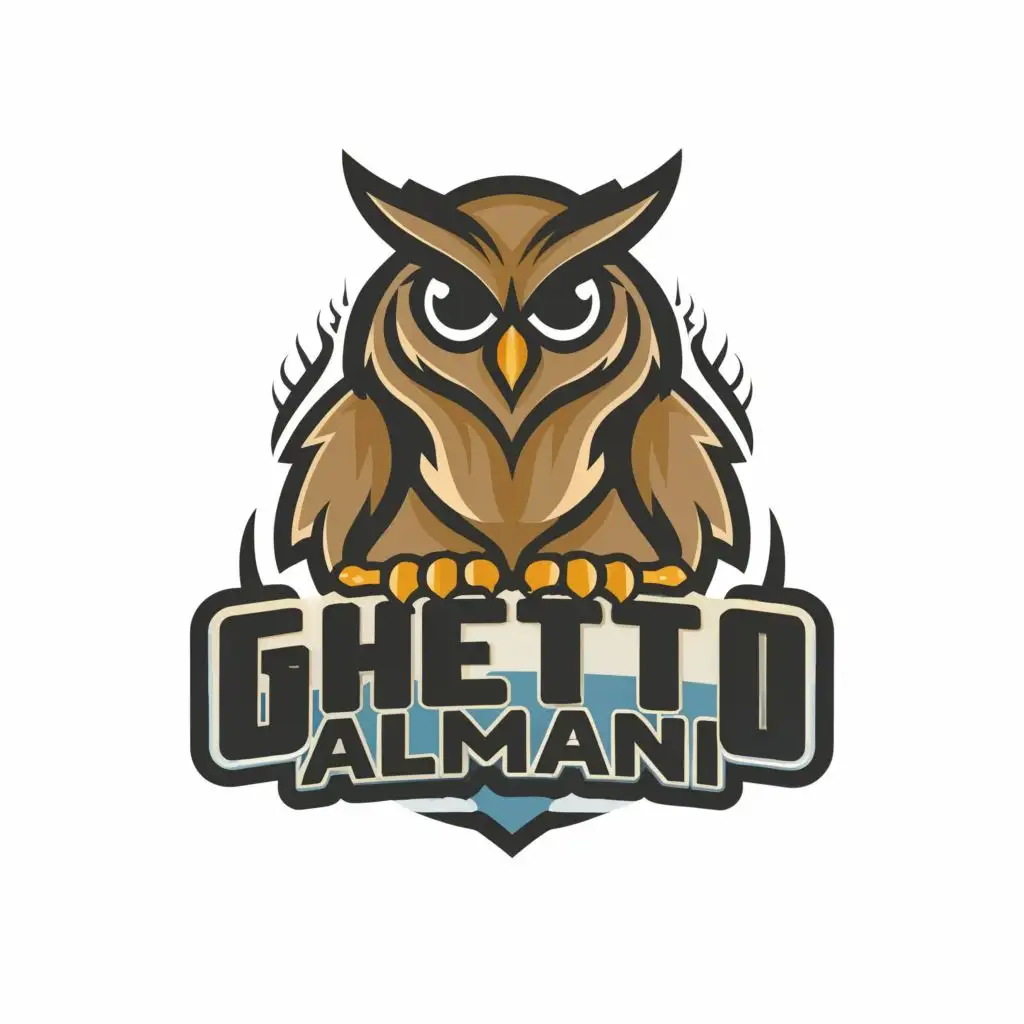 logo, Owl, with the text "Ghetto Almani", typography, be used in Entertainment industry