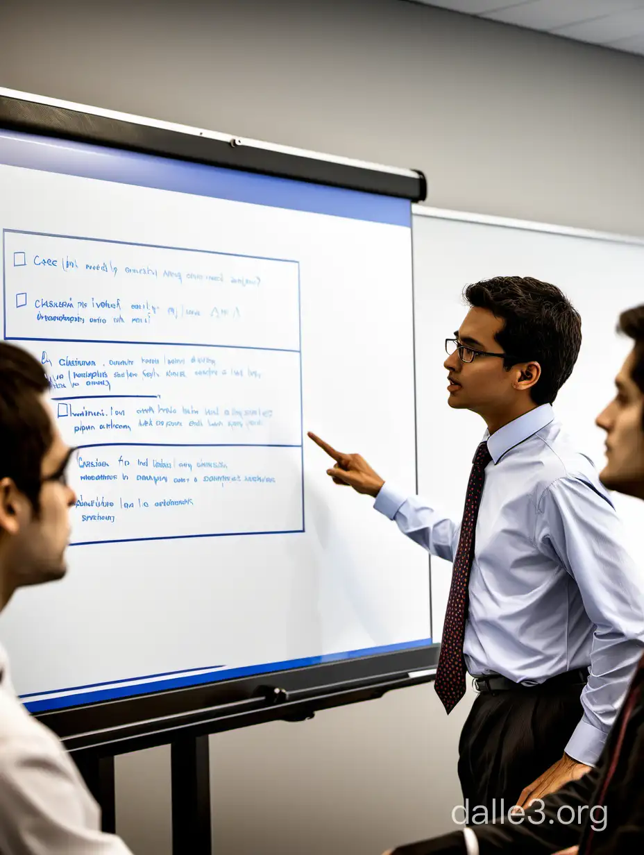 Un profesor ejecutivo moderando una discusión de caso con un grupo de alumnos ejecutivos, utilizando una pizarra interactiva para destacar puntos clave