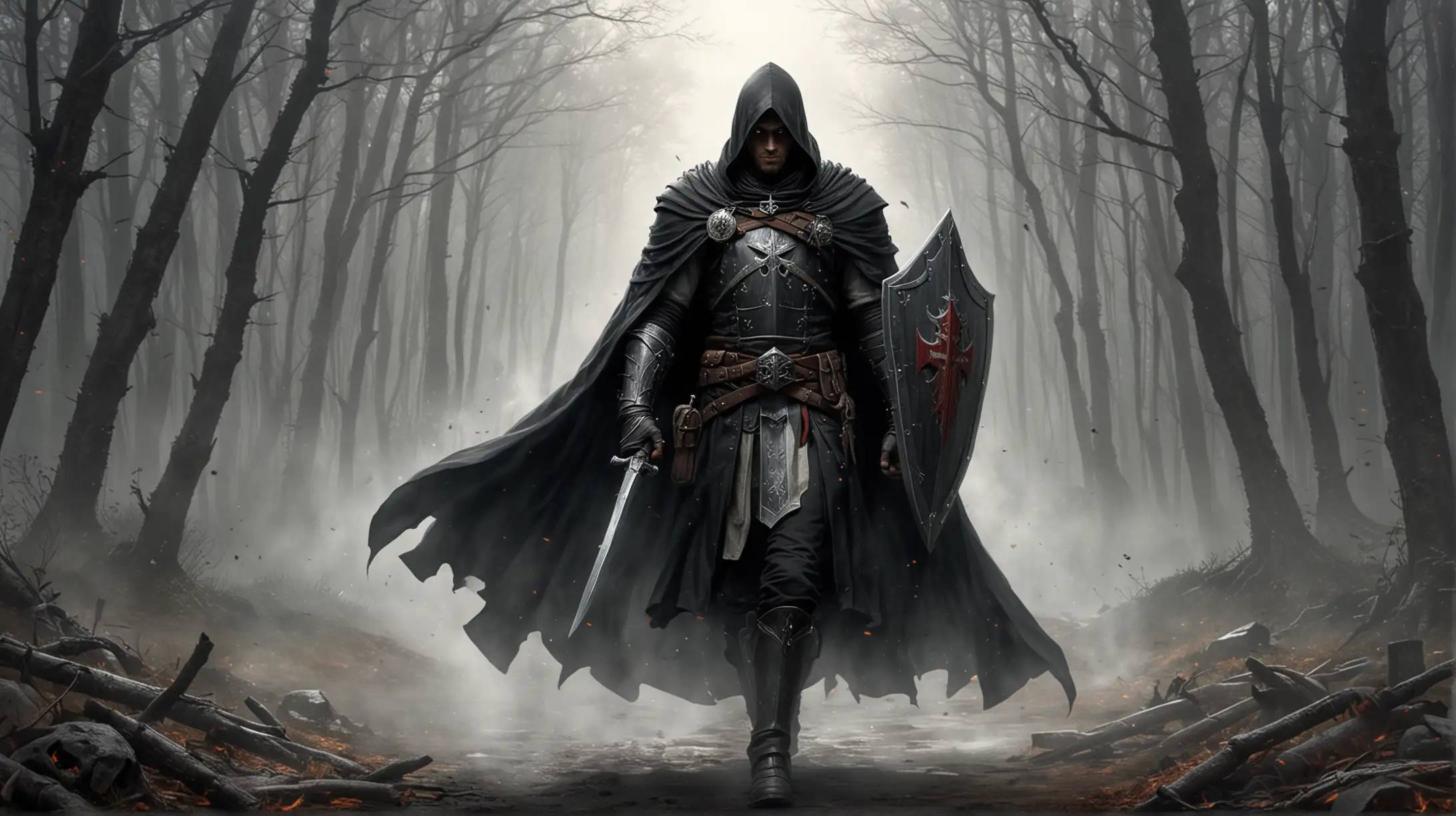 templar, knight, man, epic fantasy, black hooded, cloak, large shield