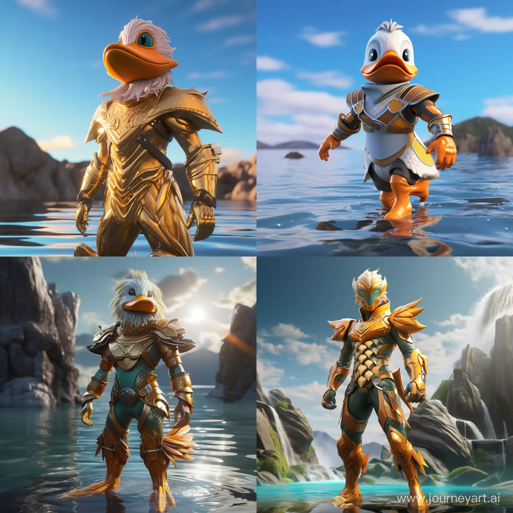 One 3d anime duck .fully dress as aquaman emerges from water.stand infront