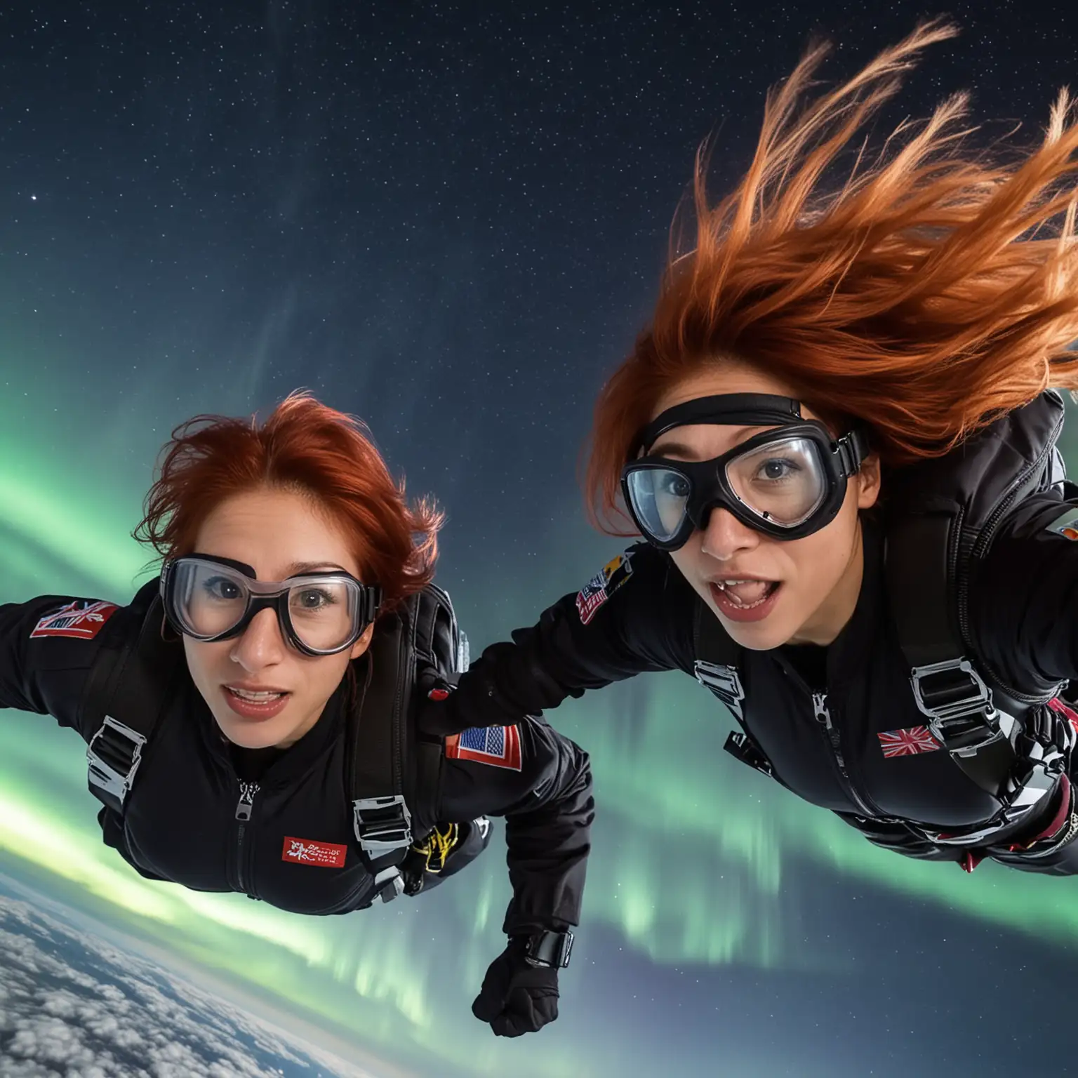 two women, one a red haired Japanese and the other a dark haired English woman, skydiving separately.  The camera is beneath and in front of them, looking up with the Northern Lights in the sky. They are wearing goggles.