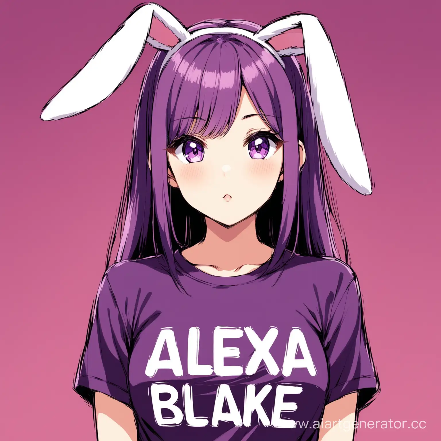 Аниме девушка с ушками кролика, фиолетовые волосы на футболке написано Alexa blake 