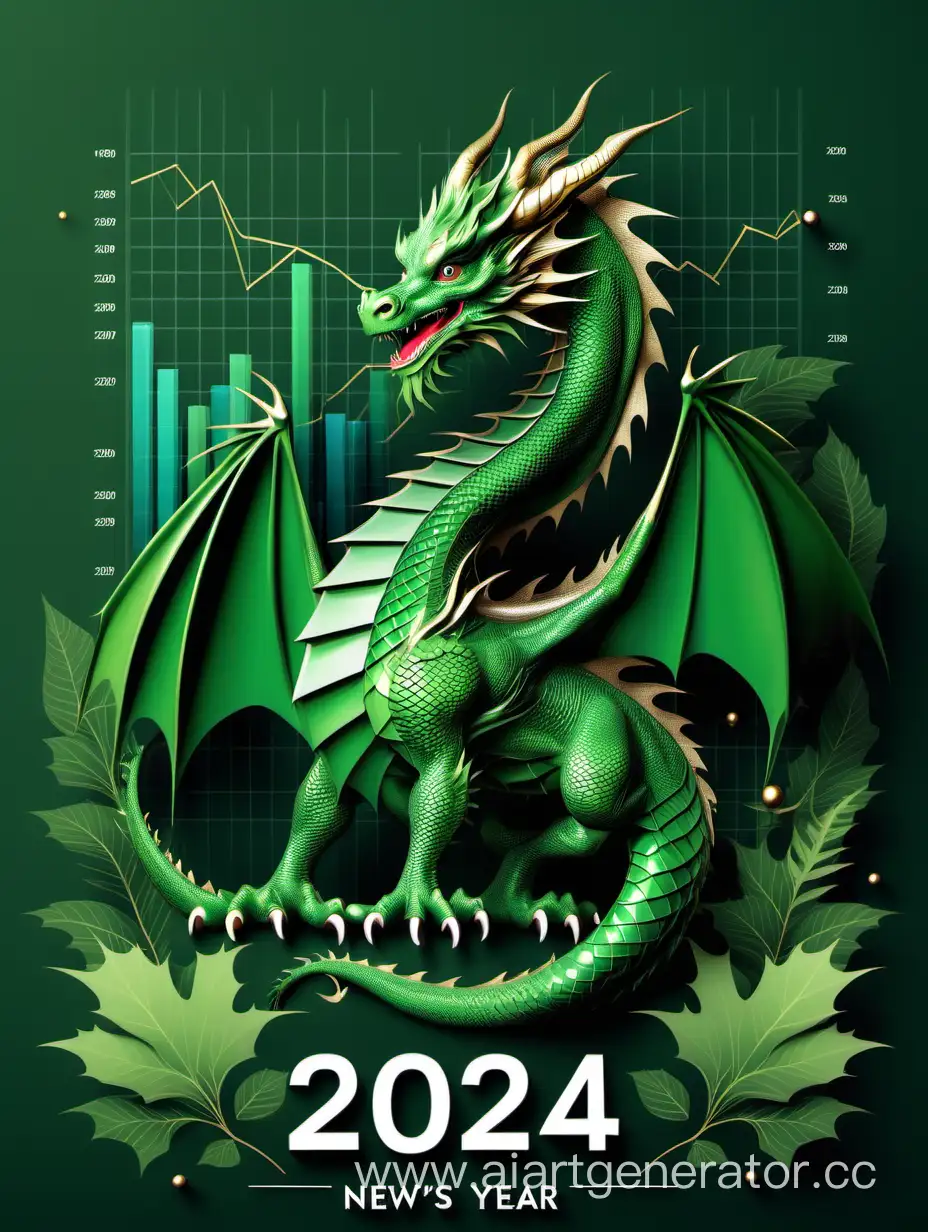 Поздравление с новым годом 2024 в стиле инвестиций и финансов с зеленым драконом и графиками акций