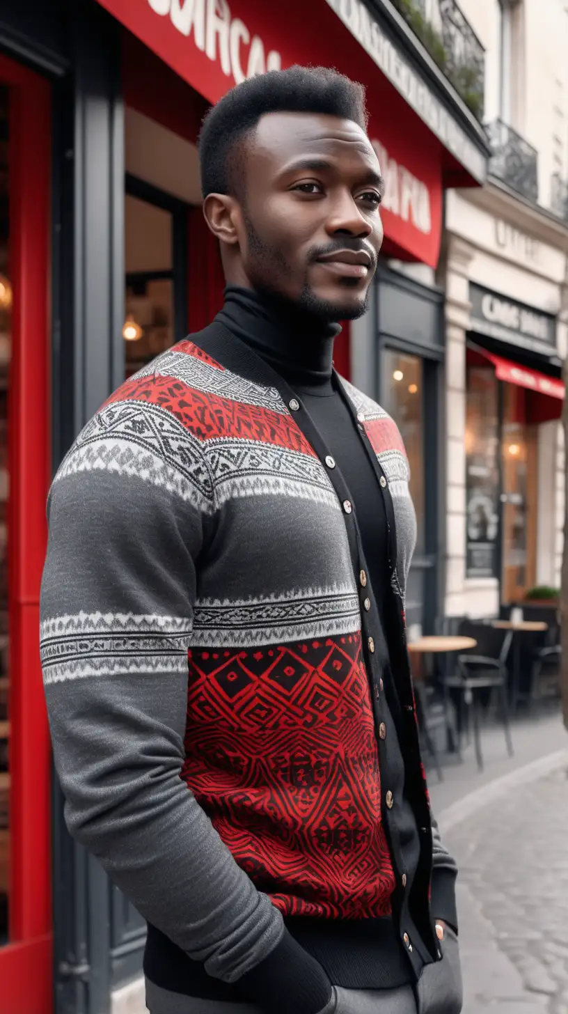   sexy, black, man, wearing black, pants, wearing smoke grey, mock neck sweater, wearing  Scarlet, African Print fabric, cardigan sweater, standing outside of coffee shop in Paris, ultra 4k, high definition, view is close up, light source from the front, facing subject