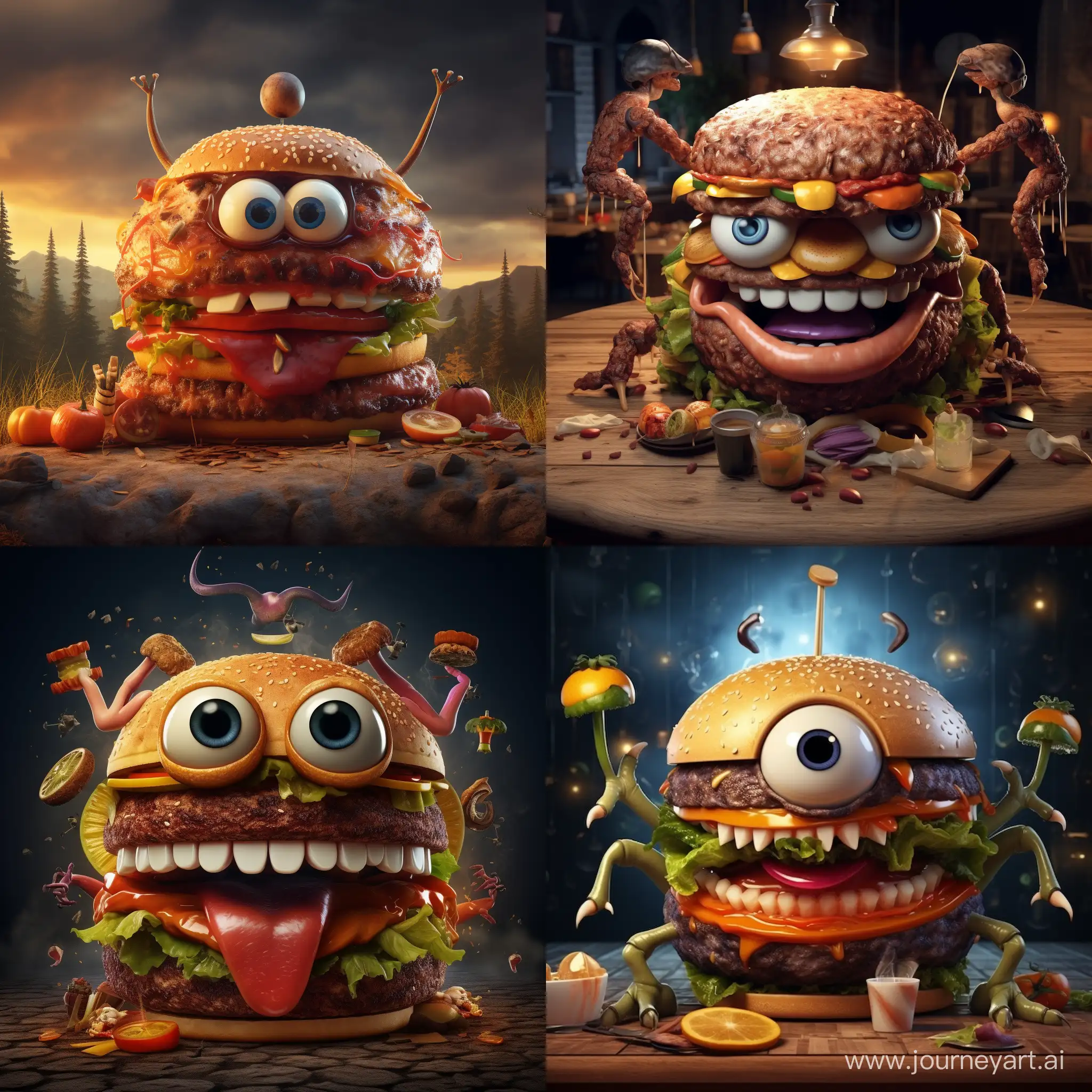 A huge burger with eyes, arms and legs. 3D animation 