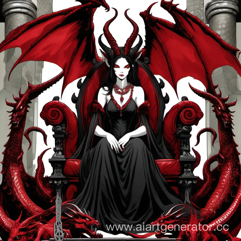 Дьяволица в чёрном платье, с длинными рогами, красными глазами и рубиновым ожерельем сидит на троне из красных черепов, а на её коленях сидит пушистый серый дракон с лезвиями на хвосте 