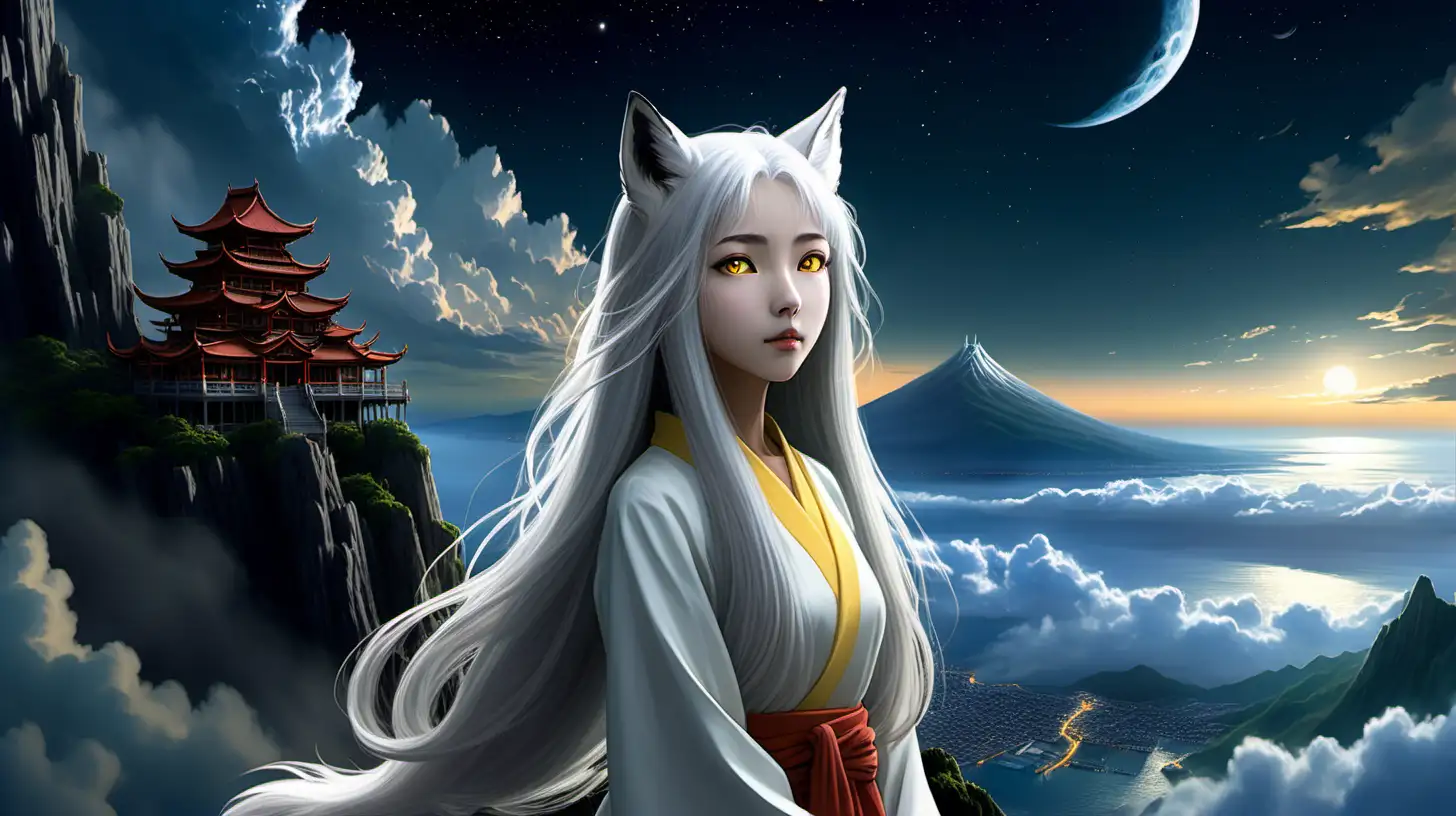 Enchanting Fox Princess on Mountain Cliff with Moonlit Sky