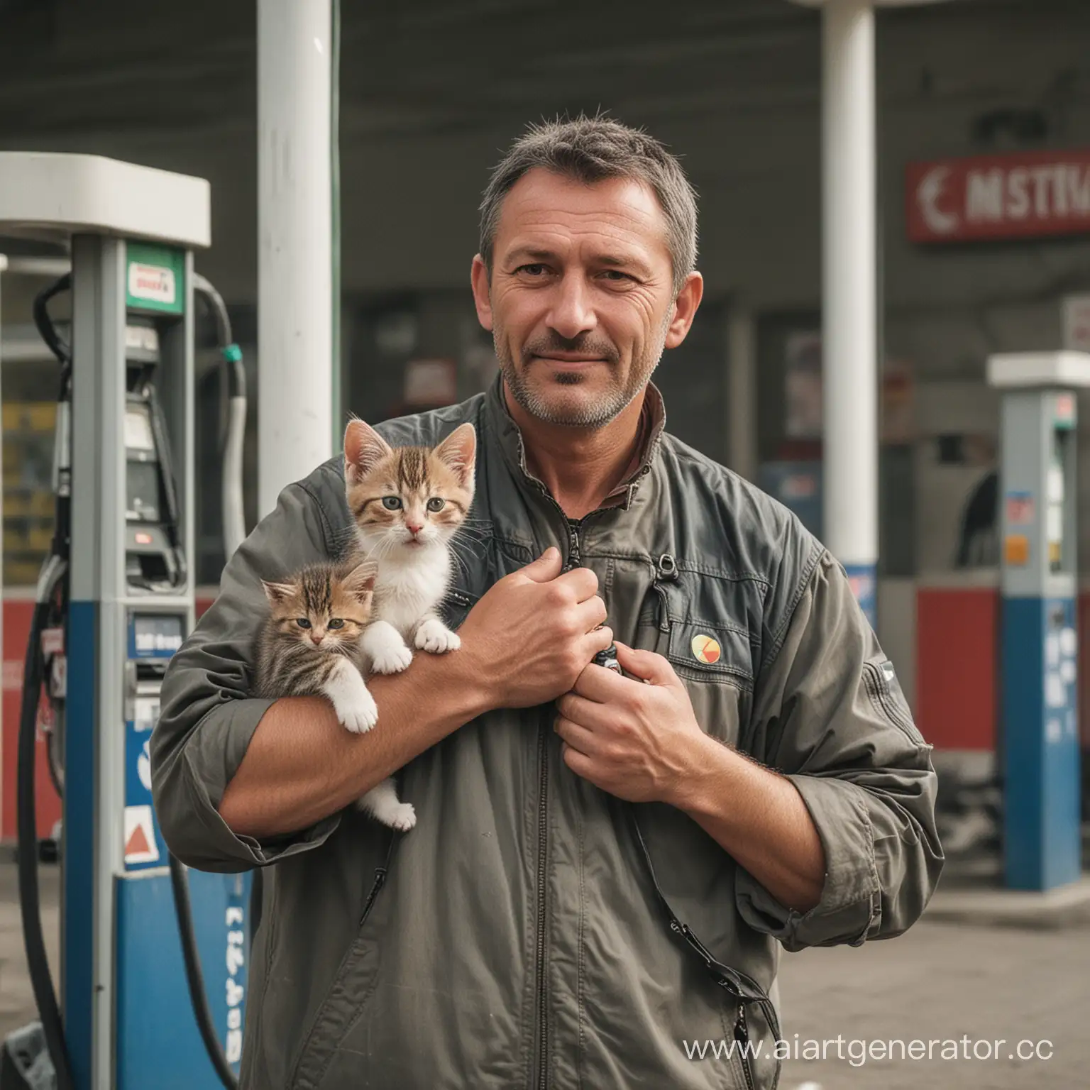 middle aged men somewhere in the east europe at the gas station with a little kitten in his arms