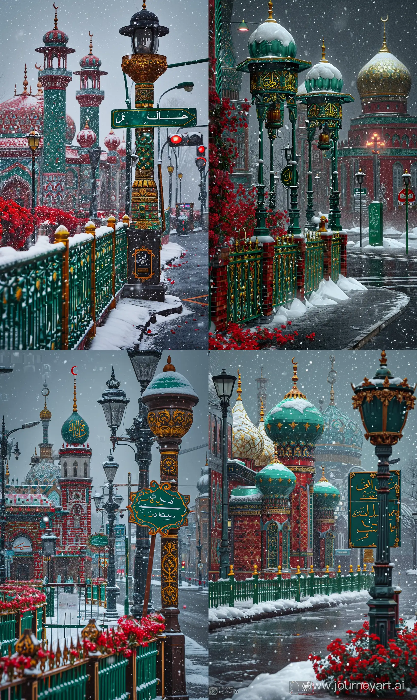 a winter street with snow, dark grey dramatic weather, red green cyan tiled islamic architectures and mosques having gold ornaments, The street has green golden Islamic fenced sidewalk and street lights and trafficsigns and trafficlights and red green flowers, a glorious islamic lamp having direction signboards standing on side --ar 3:5