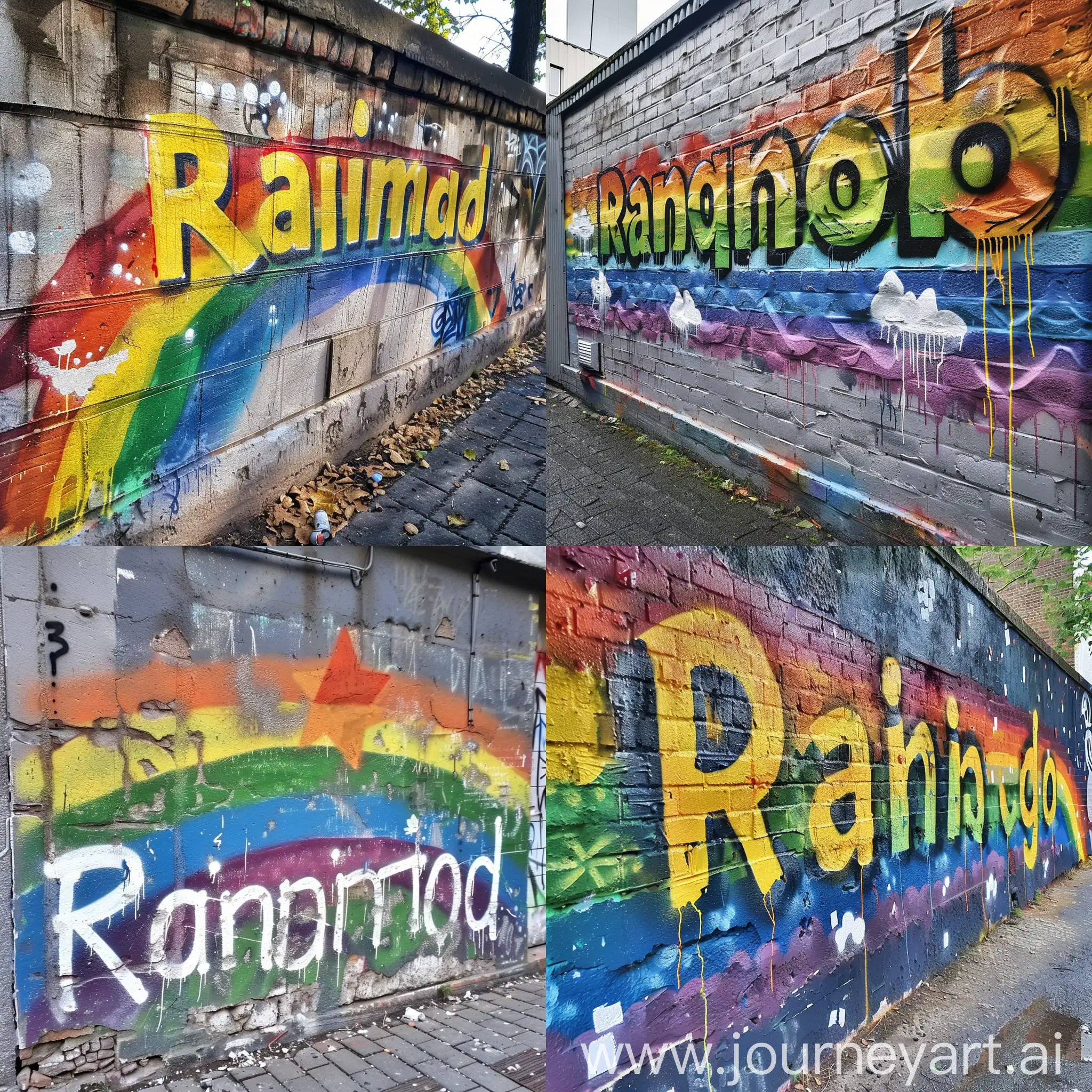"Rainbow" written in rainbow graffiti,