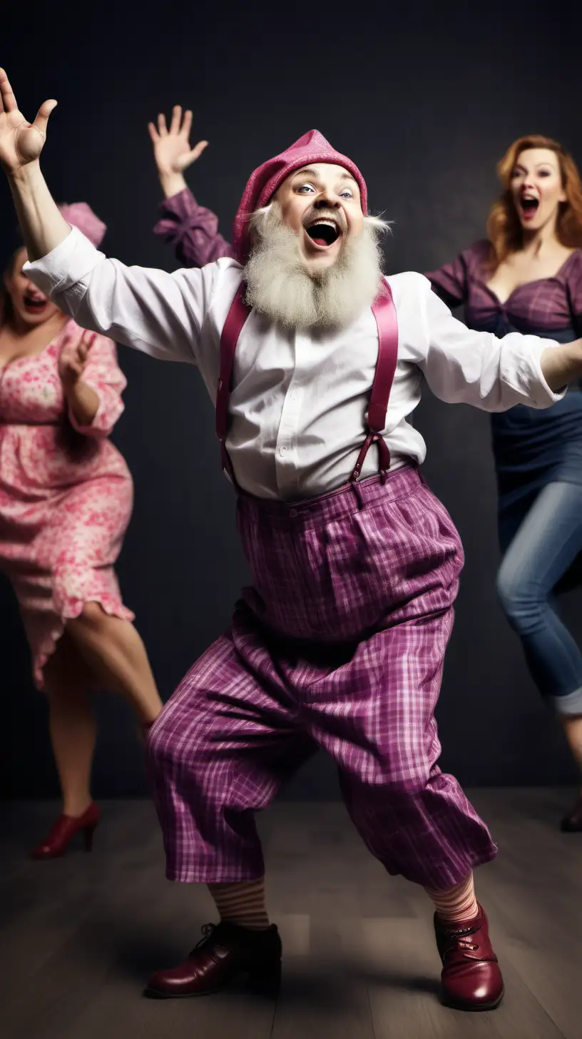 Joyful Dwarf Man Dancing in Womens Clothing with Delighted Onlookers