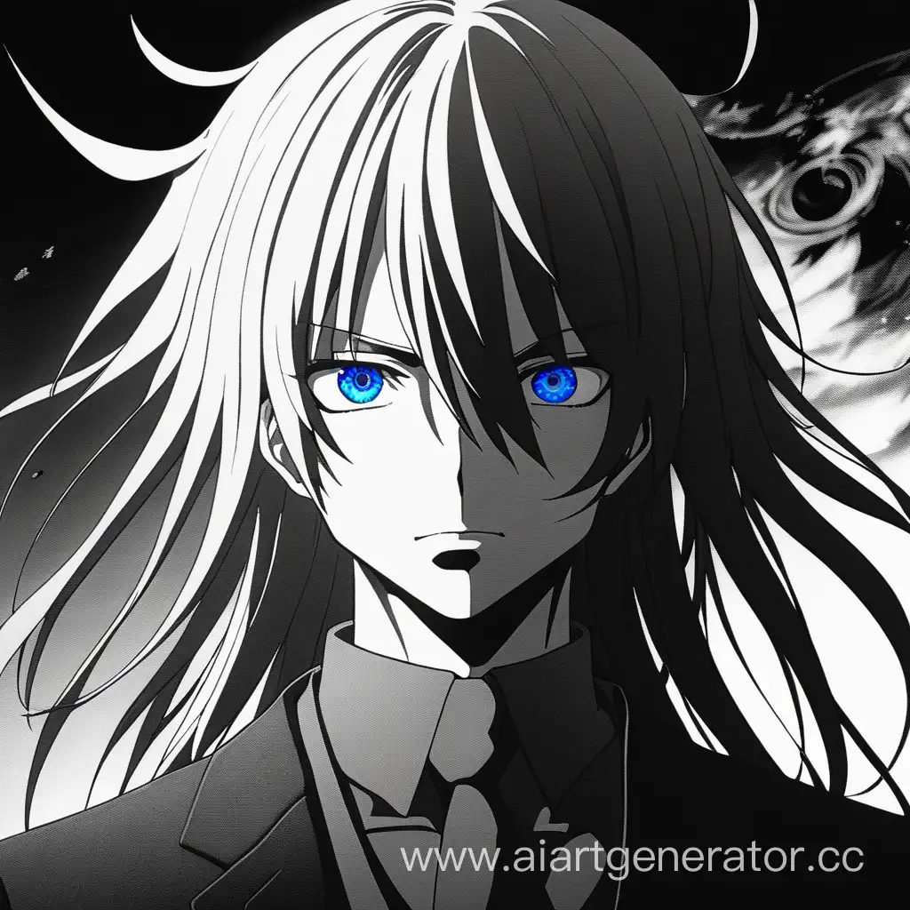 Anime-Character-Death-with-Blue-Eyes-Amidst-Infinite-Void-in-Monochrome