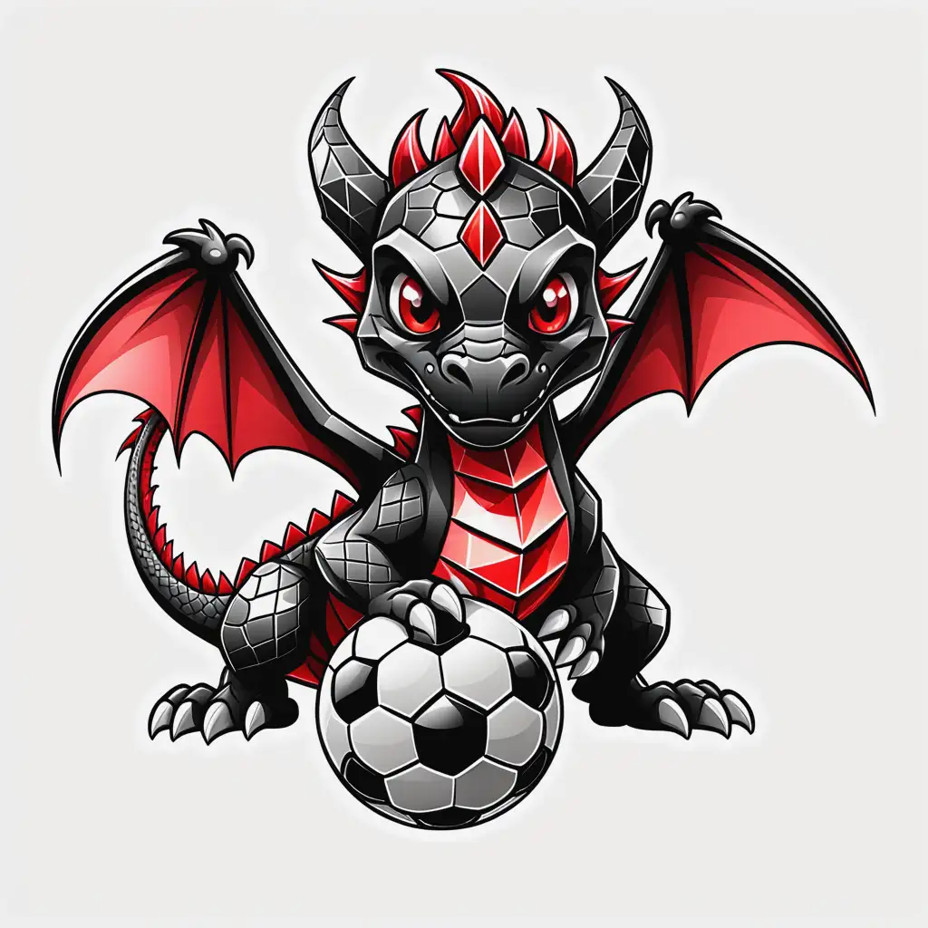 cartoon style, diamond dragon with soccer ball, red and black coloring, transparent background