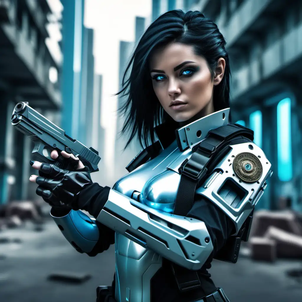 futuristic attractive female marine with black hair and light blue eyes holding handgun with one hand detailed textures. Background of a futuristic city