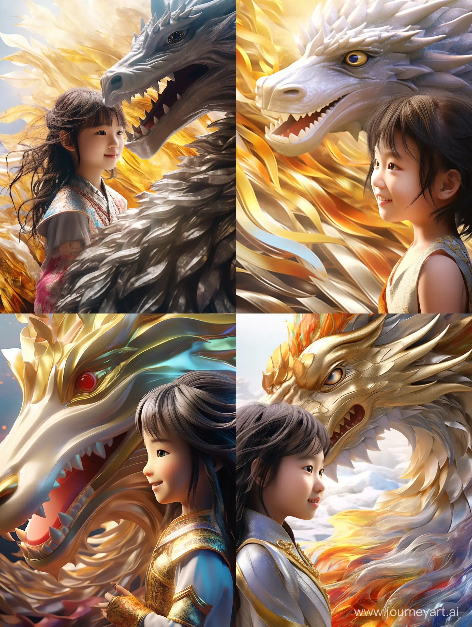 Close-up, platinum dragon body with gold foil scales surrounded by cute little Chinese girl, 4 years old, smiling sideways and wearing rainbow-colored gorgeous Hanfu, girl and dragon looking at each other ya'gw, grand scene, minimalism, Chinese dragon, C4D Rendering, Surrealism, Masterpiece Cinematic Lighting, Ultra HD, Fine Detail, Color Grades
