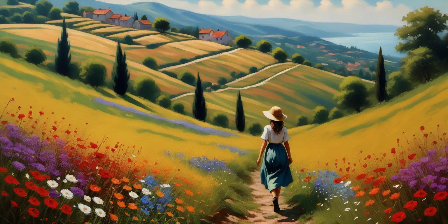 a hillside filled with flowers, girl walking through the field, classic oil painting style