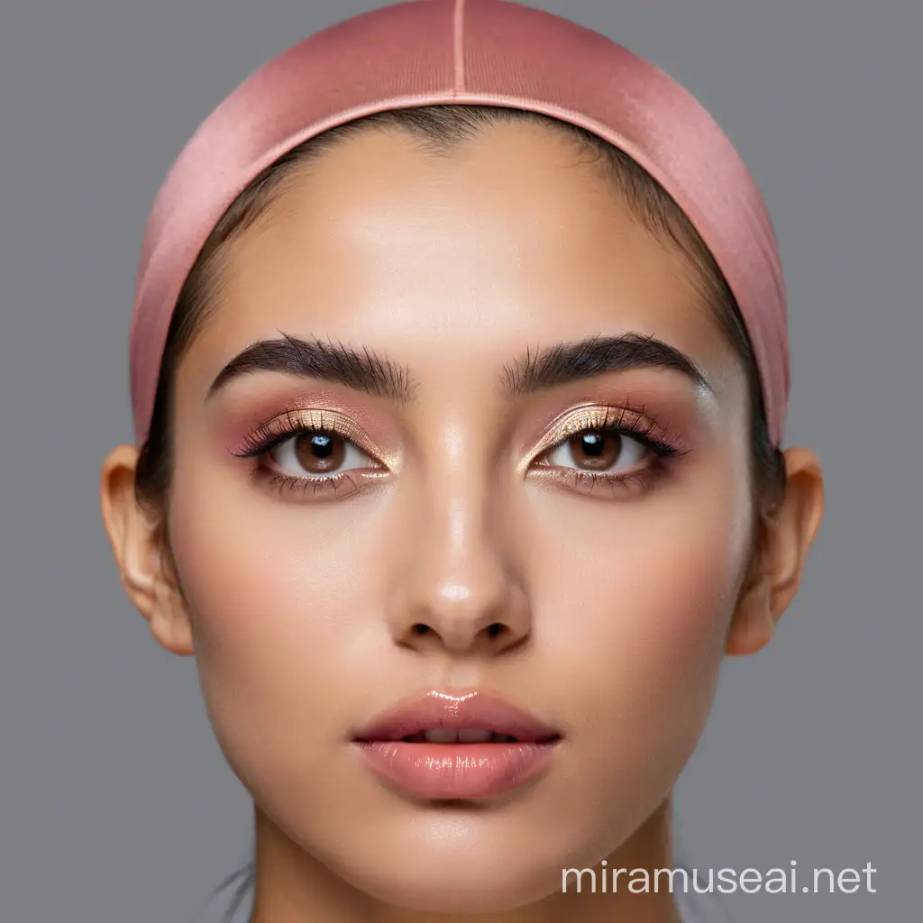 brown eyes and eyebrows, and pink lips, is shown from the shoulders up in front of a black background, soft skin realistic girl, beautiful lips in realistic