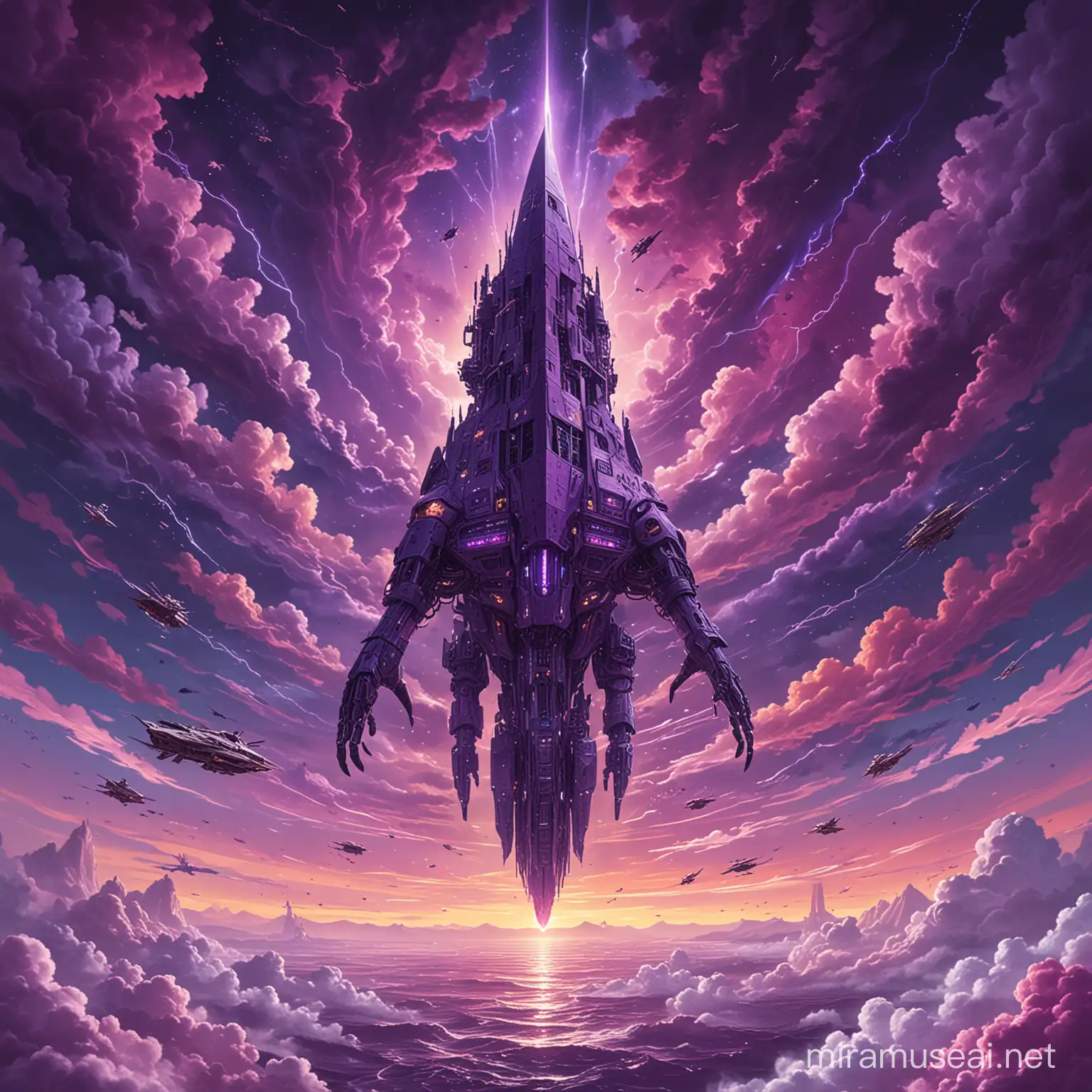 Mysterious Purple Ship with Giant Human Arms Soaring through Multicolored Skies
