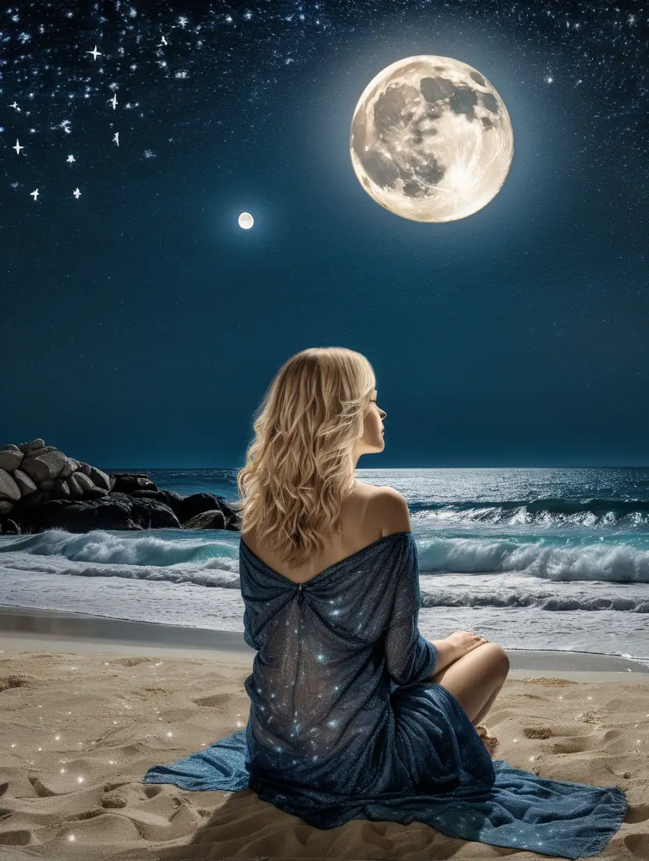 mixed media vertical collage with layered elements to create depth, 40 year old woman with shoulder length blond hair sitting on beach looking out to ocean, ocean illuminated  by moon, starlit soul path, style of mixed media collage with layered elements to create a sense of depth --ar 2:3