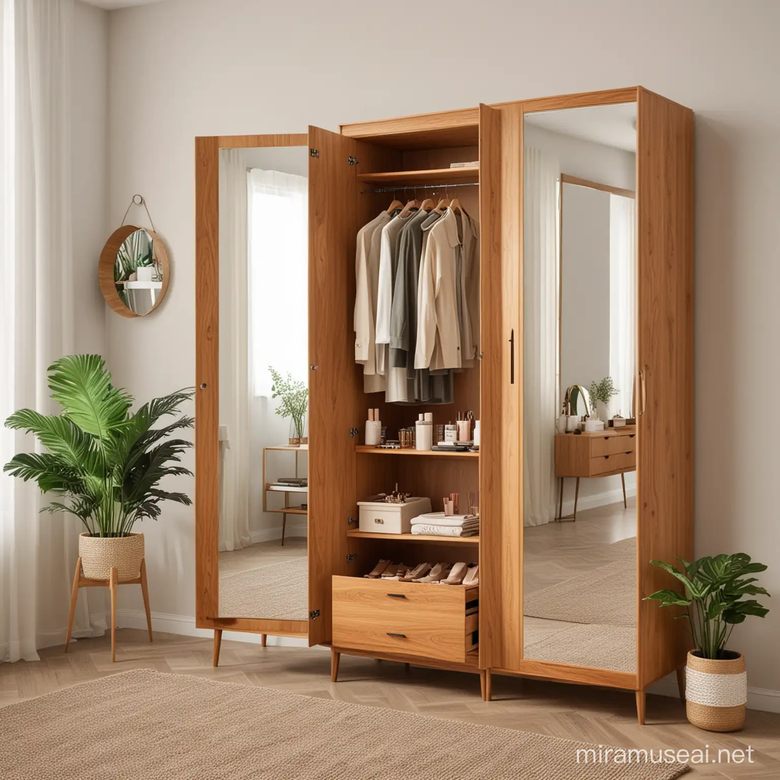 Mid-century style wooden closet for women, mirror, space to put on makeup without vegetation
