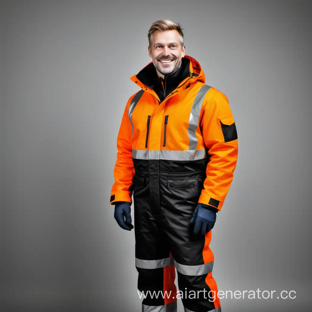 beautiful warm insulated workwear, scandinavian, man, smile, black orange, front view, full length