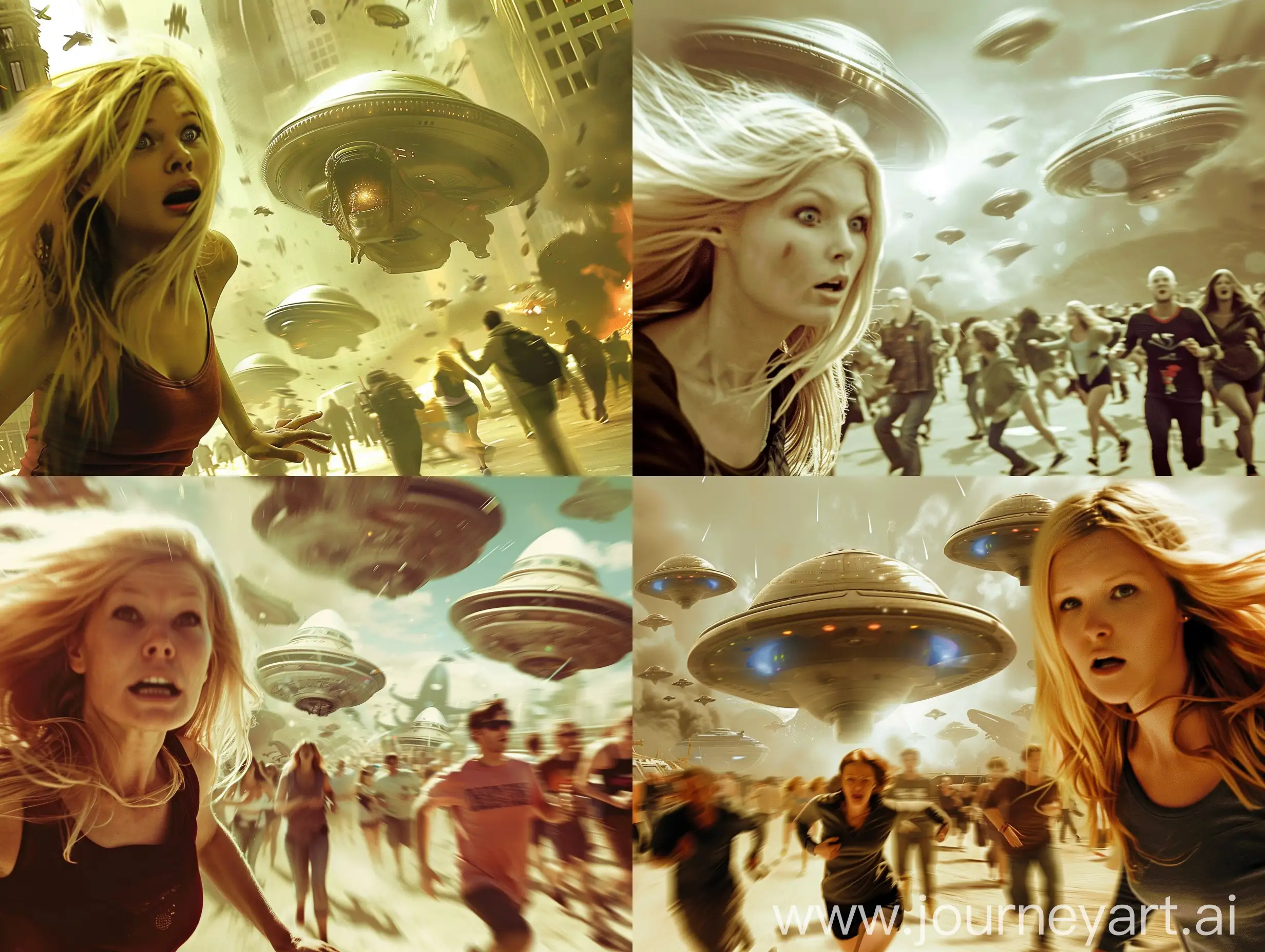 Blonde-Woman-Leading-Frantic-Evacuation-amidst-Alien-Invasion