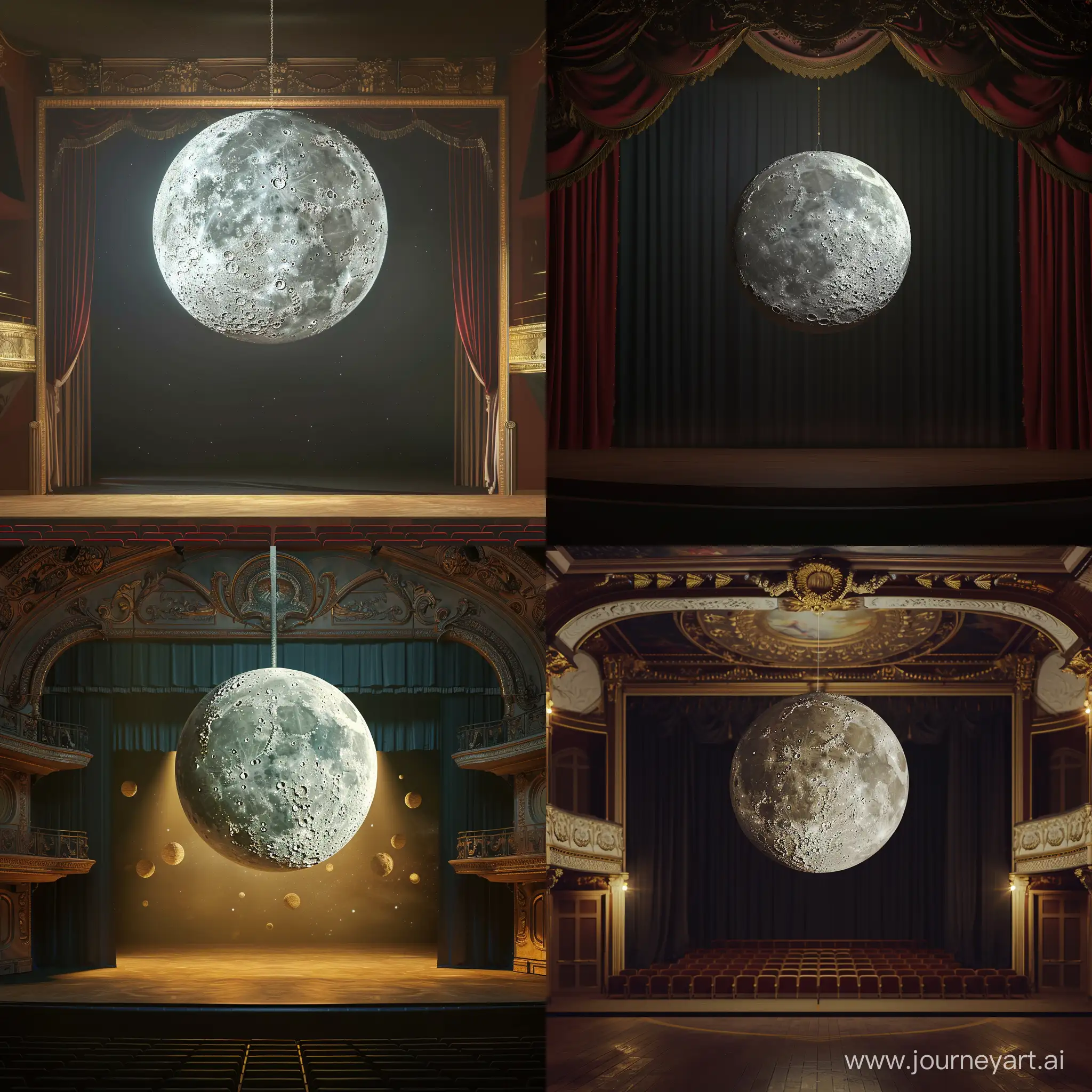 A 3D moon in the style of Papier-mache and Naive art hanging in the center of a realistic small theater stage, 4K.