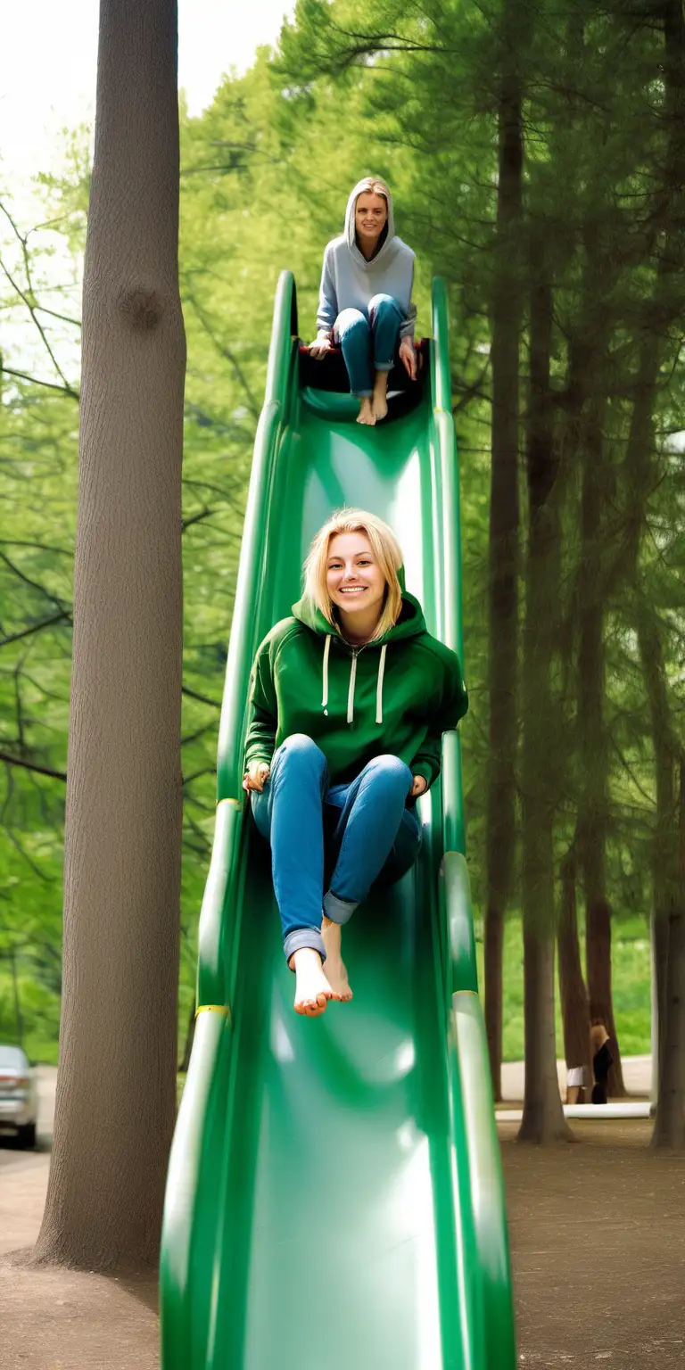 Young Woman Climbing Slide in Green Hoodie and Blue Jeans