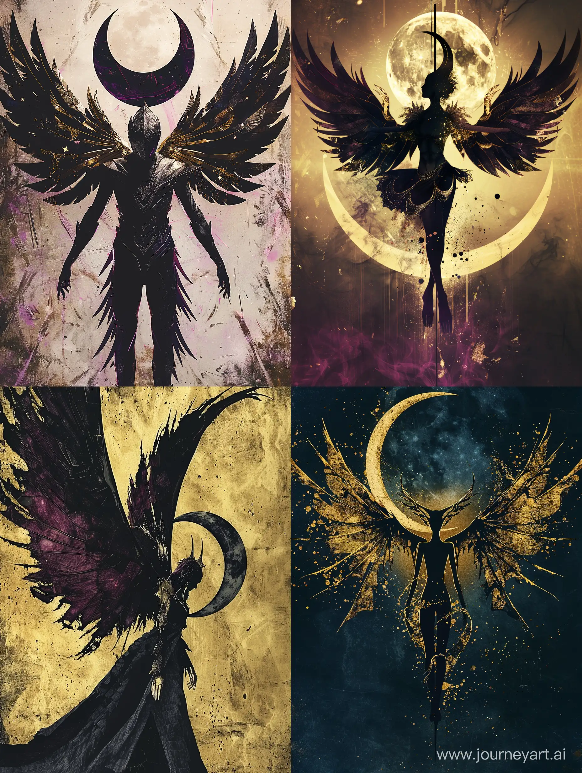 a fantasy image with wings and moon, in the style of gothcore, dark gold and dark black, dark black and magenta, realistic renderings of the human form, ghostcore, strong contrast between light and dark, exaggerated poses
