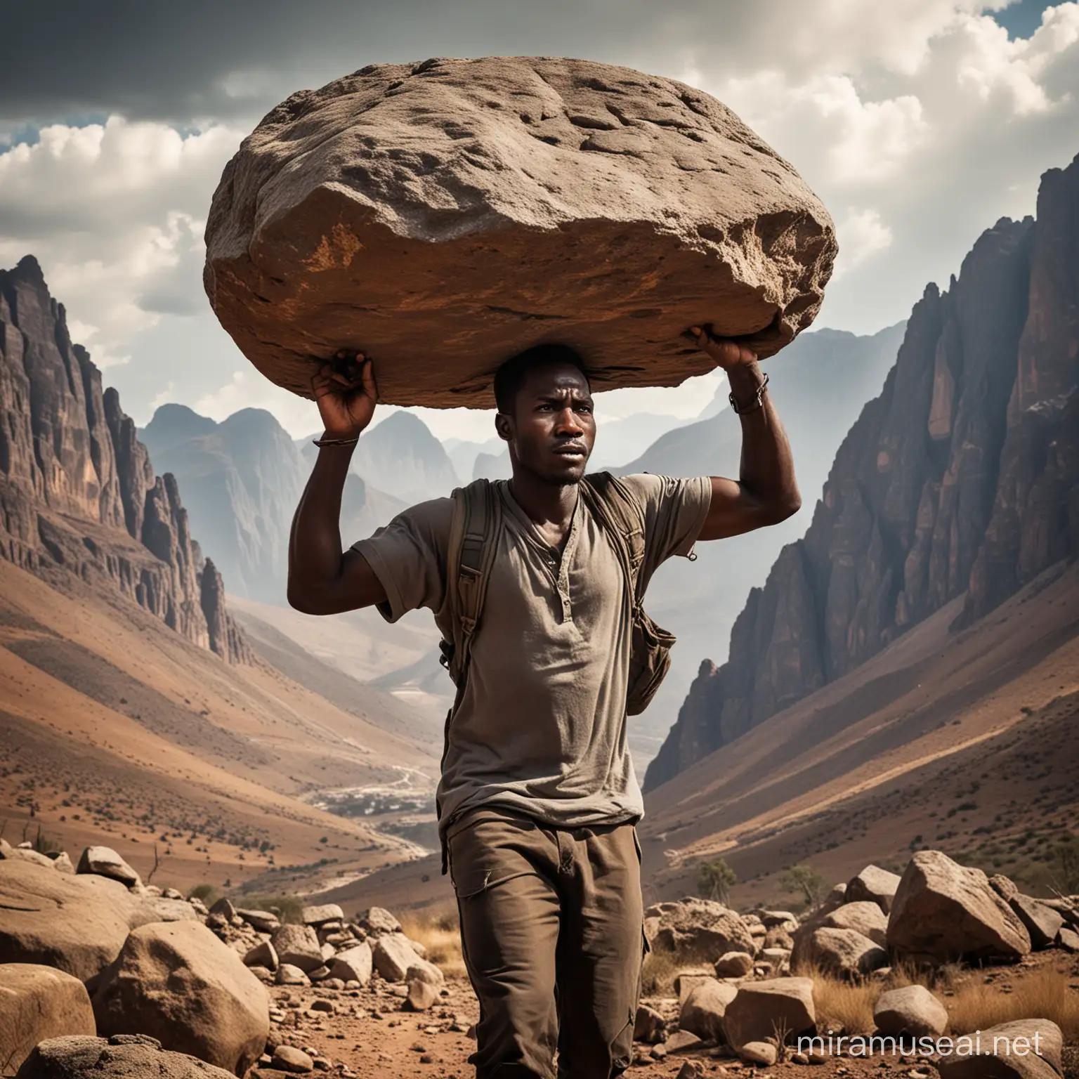 A strong black African man, carrying a rock, mountainous environment, dramatic background 