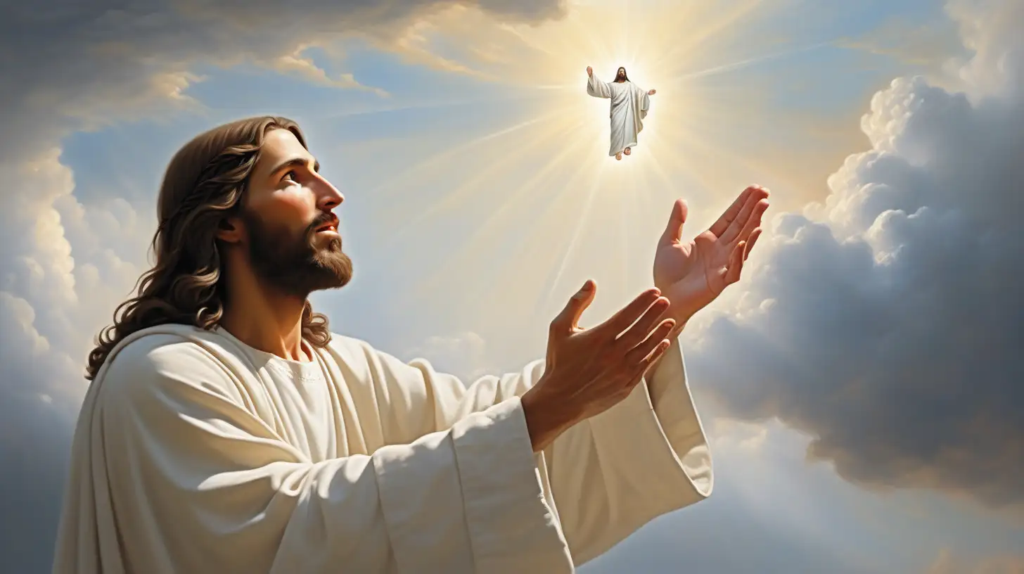 Divine Gesture Jesus Christ Extends Compassionate Hand Amidst Heavenly Clouds