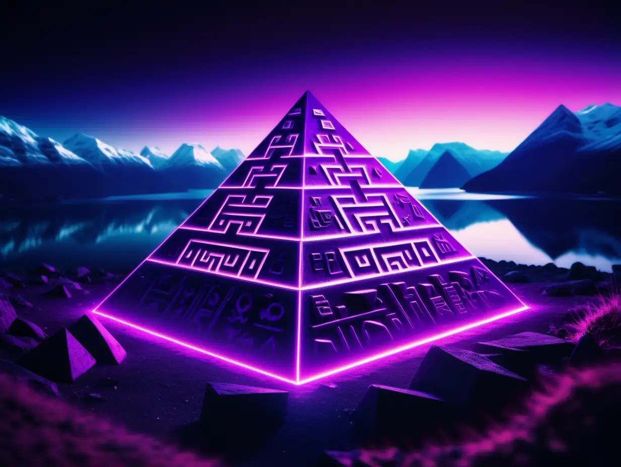 Futuristic Neon Pyramid in Norwegian Fjords Mystical Luminous Symbols