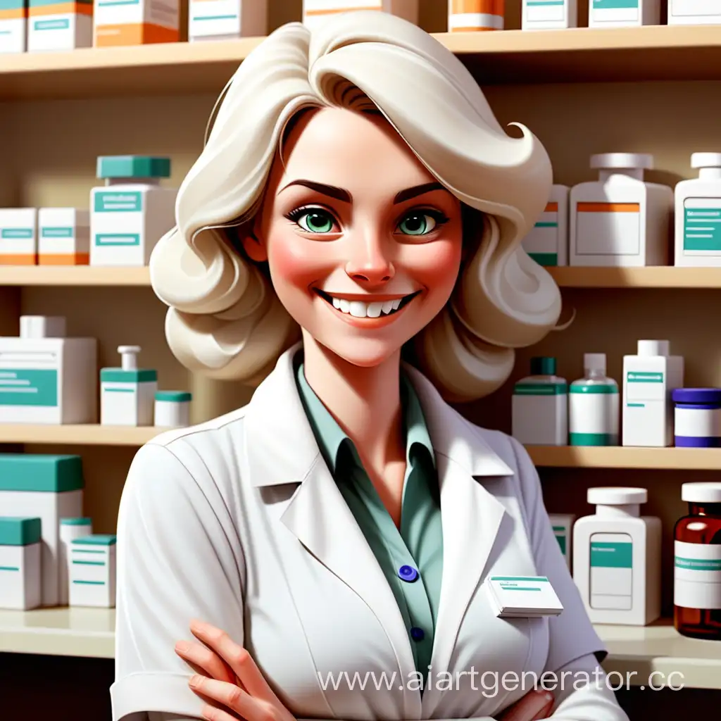 A smiling white lady pharmacist at the pharmacy counter is ready to help.