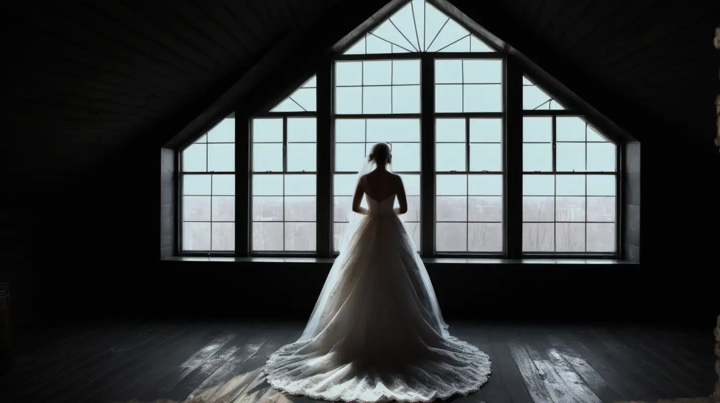 Elegant Bride in Wedding Dress Illuminated by Attic Window