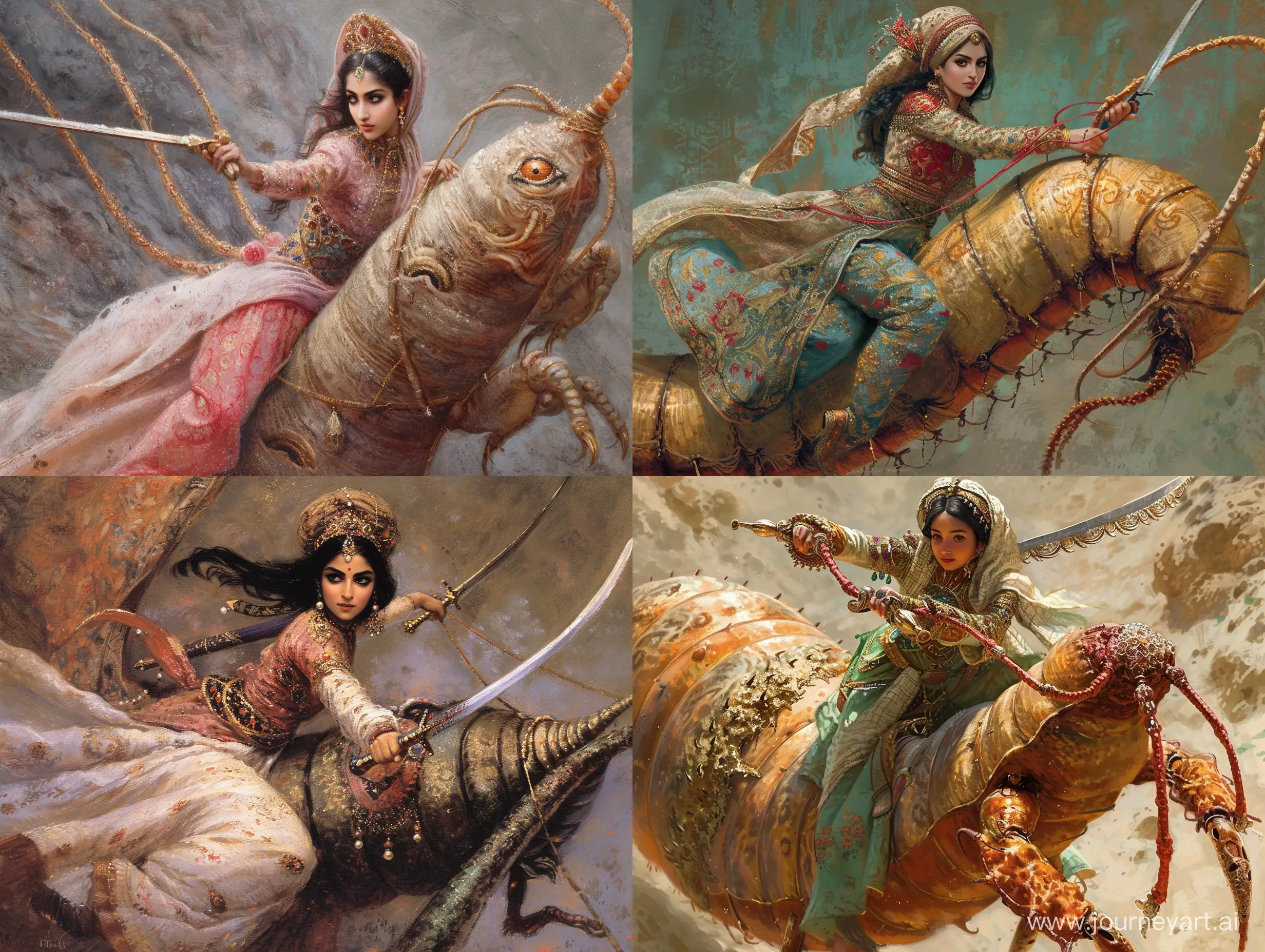 The beautiful Persian princess is riding on the back of a giant silkworm and is holding the reins of the worm with one hand and a sword with the other hand.