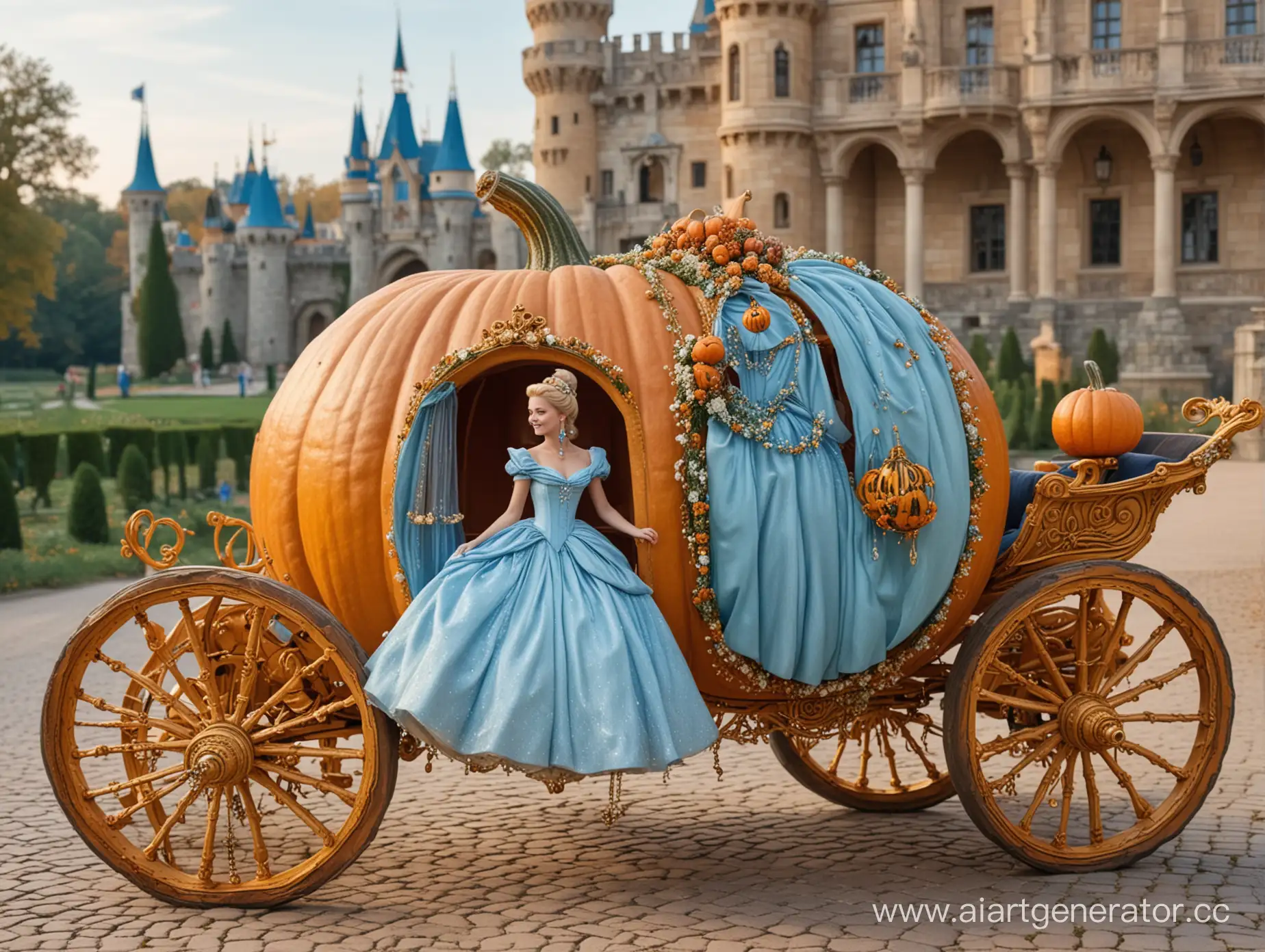 Enchanted-Evening-Cinderella-in-a-Pumpkin-Carriage-with-the-Princes-Castle-in-the-Background