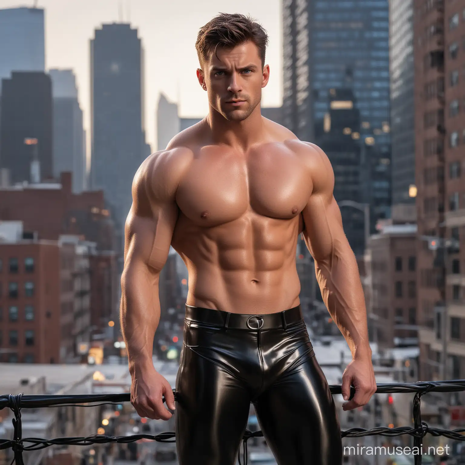 male superhero in tight black latex pants, visible bulge, city background, full body, color, rim lighting, shirtless, bare chest, no mask, electricity, blue eyes, 5 o clock shadow, huge muscles
