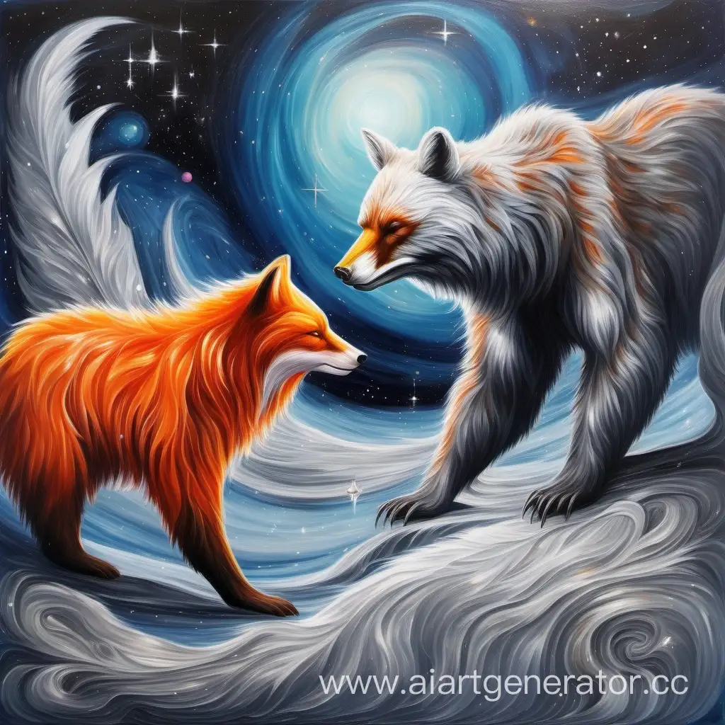Celestial-Bear-and-Fiery-Fox-Swimming-in-Space-Stunning-Oil-Paint-Artwork