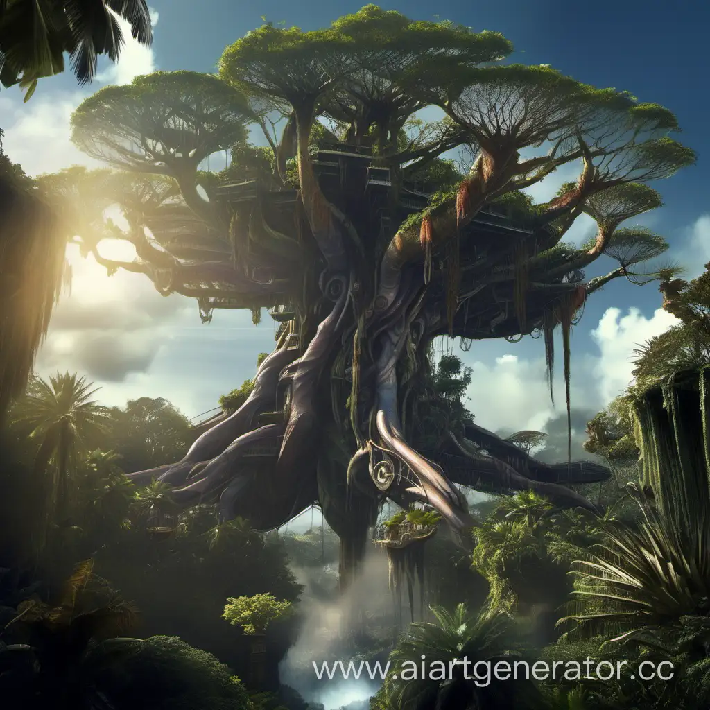 необычное высокое большое дерево на летающем острове Пандоры из Аватара