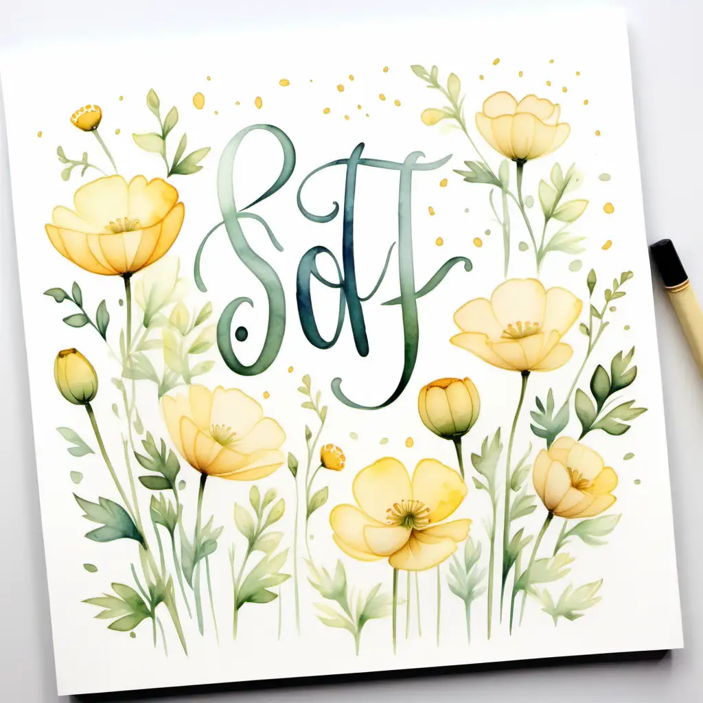 lettering, watercolored flowers, watercolored buttercup, soft pastel, white background