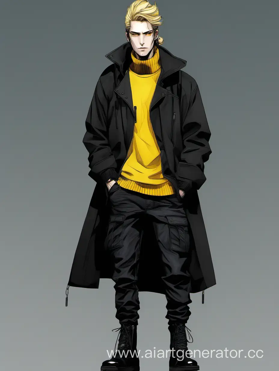 32 years old man; 192 cm; athletic frame; long blond hair tied into ponytail; yellow eyes; bristle; black ring-like earrings; dark pullover; black jeans; military boots; dark grey coat; black scales cover his body; black scales have a hexagon shape
