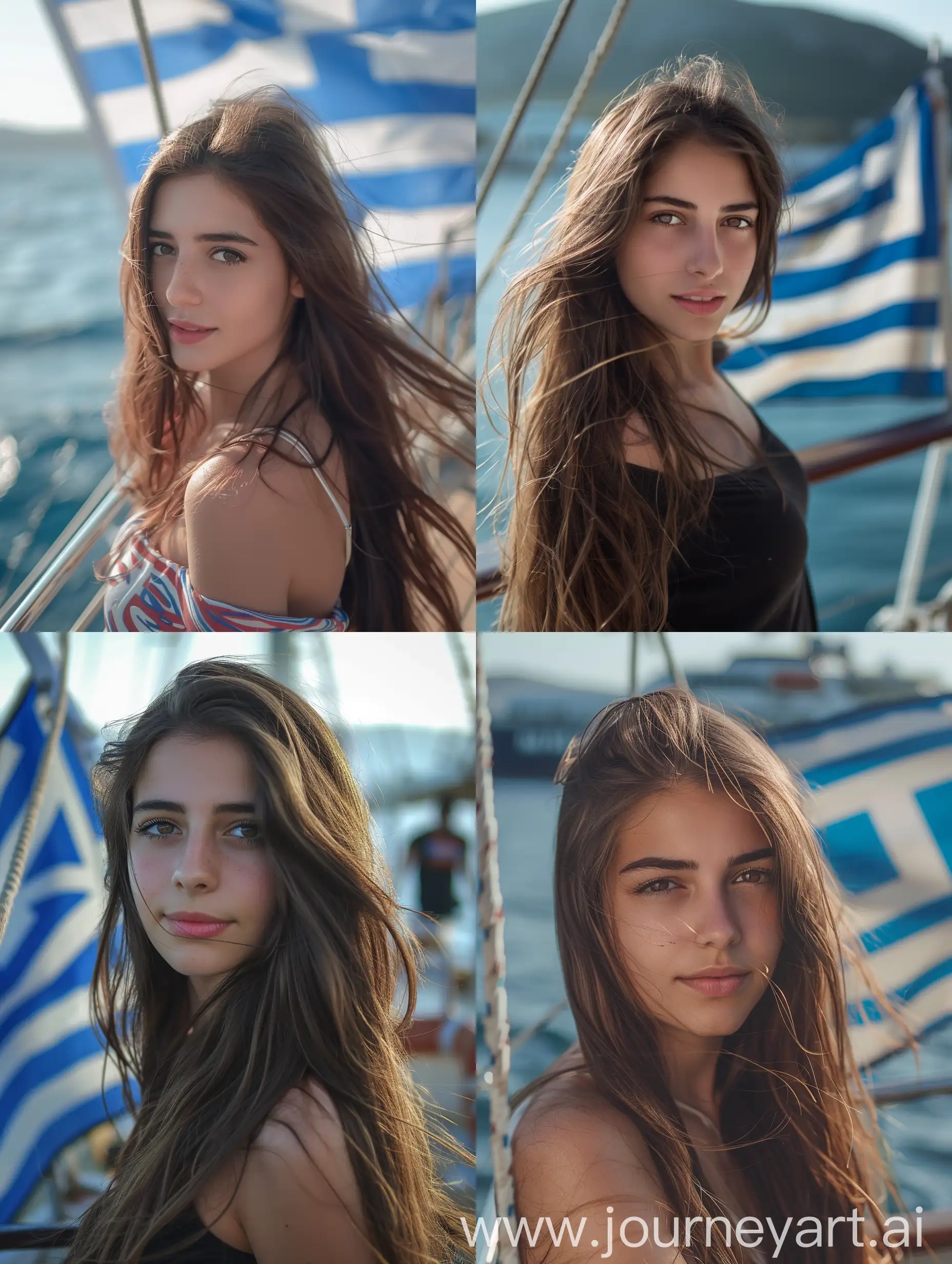 یک دختر زیبا با موهای بلند قهوه ای، بر روی عرشه کشتی با پرچم یونان، سینماتیک، کیفیت بالا، نگاه به دوربین