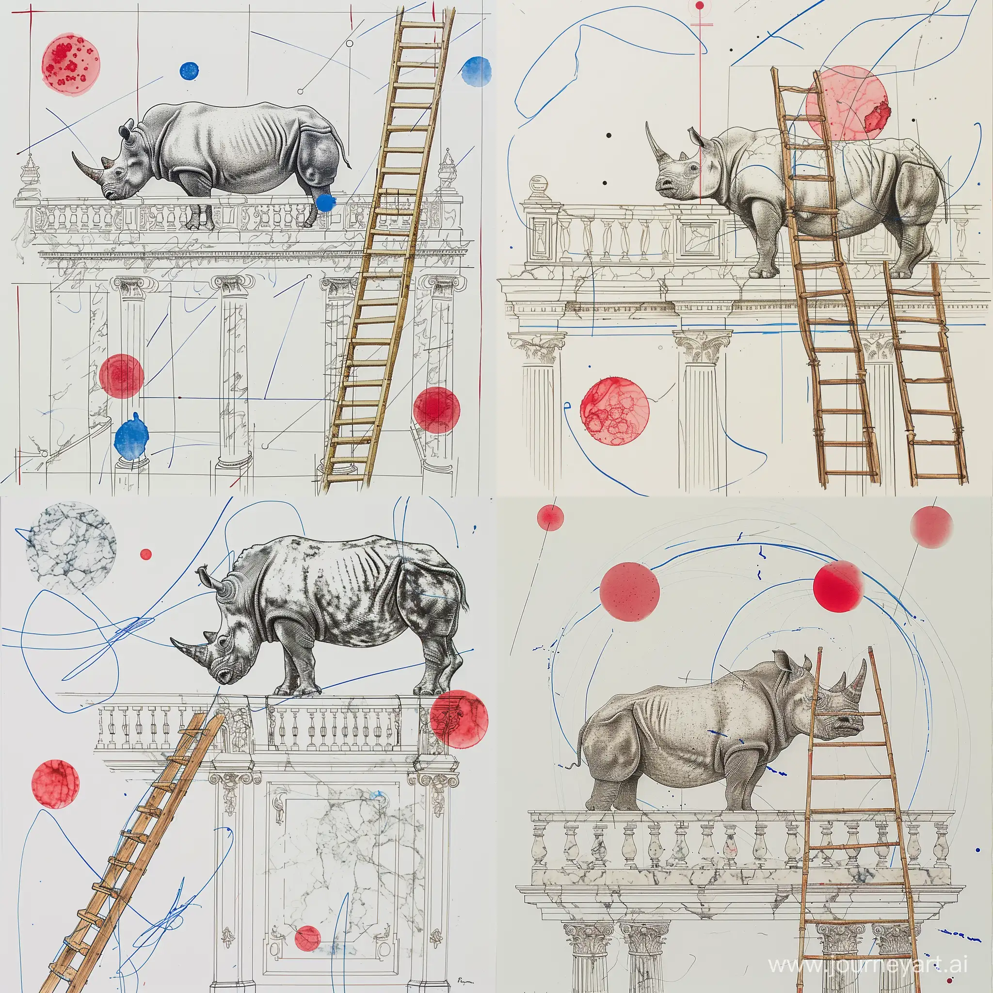 a minimalist abstract drawing depicting a Majestic Rhinoceros, a Tall Big Wooden ladder, and Elegant Marble Rococo Balustrade and Parapet, alcohol ink, thin blue scribbled lines, red circular patches, in the style of William Kentridge