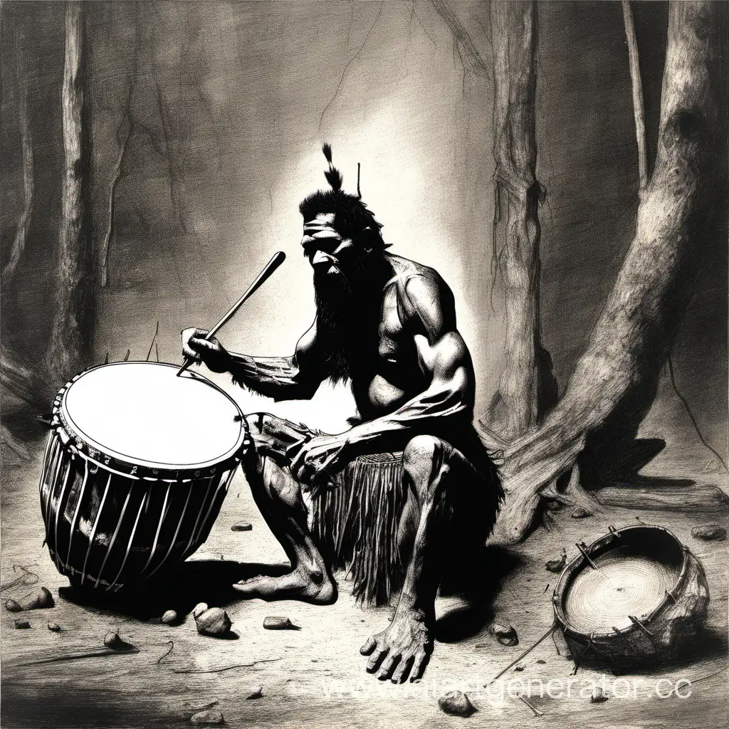 первобытный человек играет на барабане 
