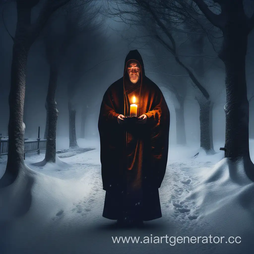 Monk-in-Dark-Mantle-with-Candle-in-Snowy-Night