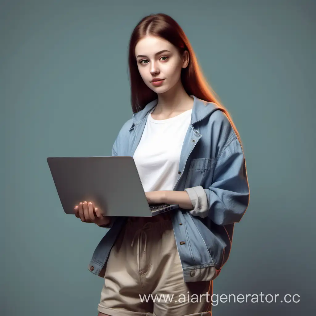 молодая девушка с ноутбуком в повседневной одежде стиль реализм
