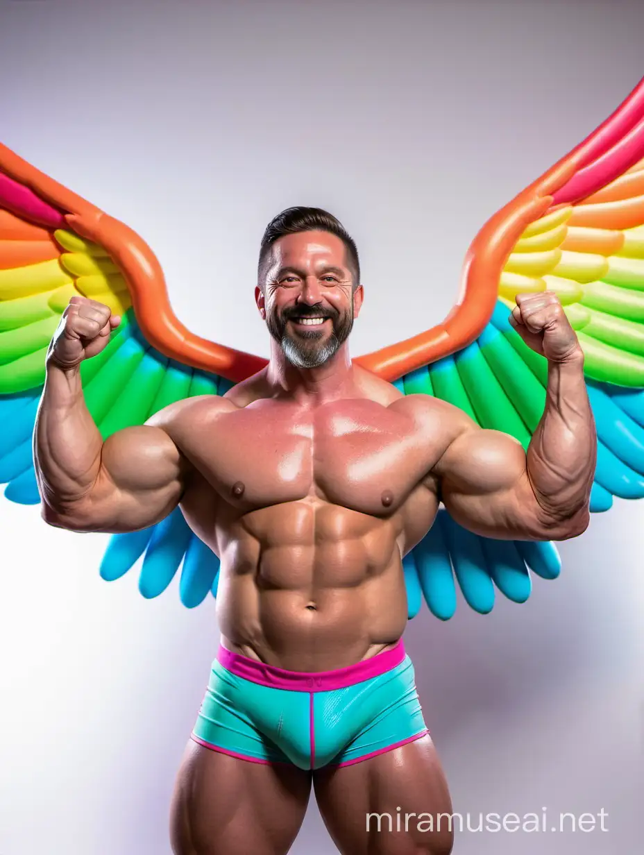 Studio Light Topless Green Eyes 40s Beard Huge Green Eyes Ultra Beefy Bodybuilder Daddy with Great Smile wearing Multi-Highlighter Bright Rainbow Colored See Through huge Eagle Wings Shoulder Jacket short shorts and Flexing his Big Strong Arm Up with Doraemon