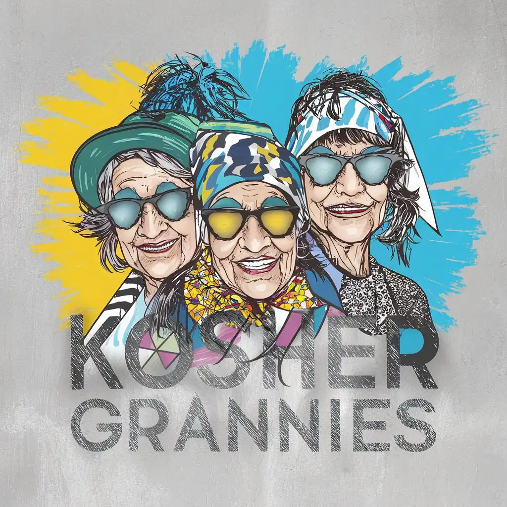 logo, Israel, yellow, blue, white, 3 older cheerful Jewish grannies with David star sunglasses and colorful headscarves, gangster look, Paul Klee, with the text "Kosher Grannies", typography, be used in art industry